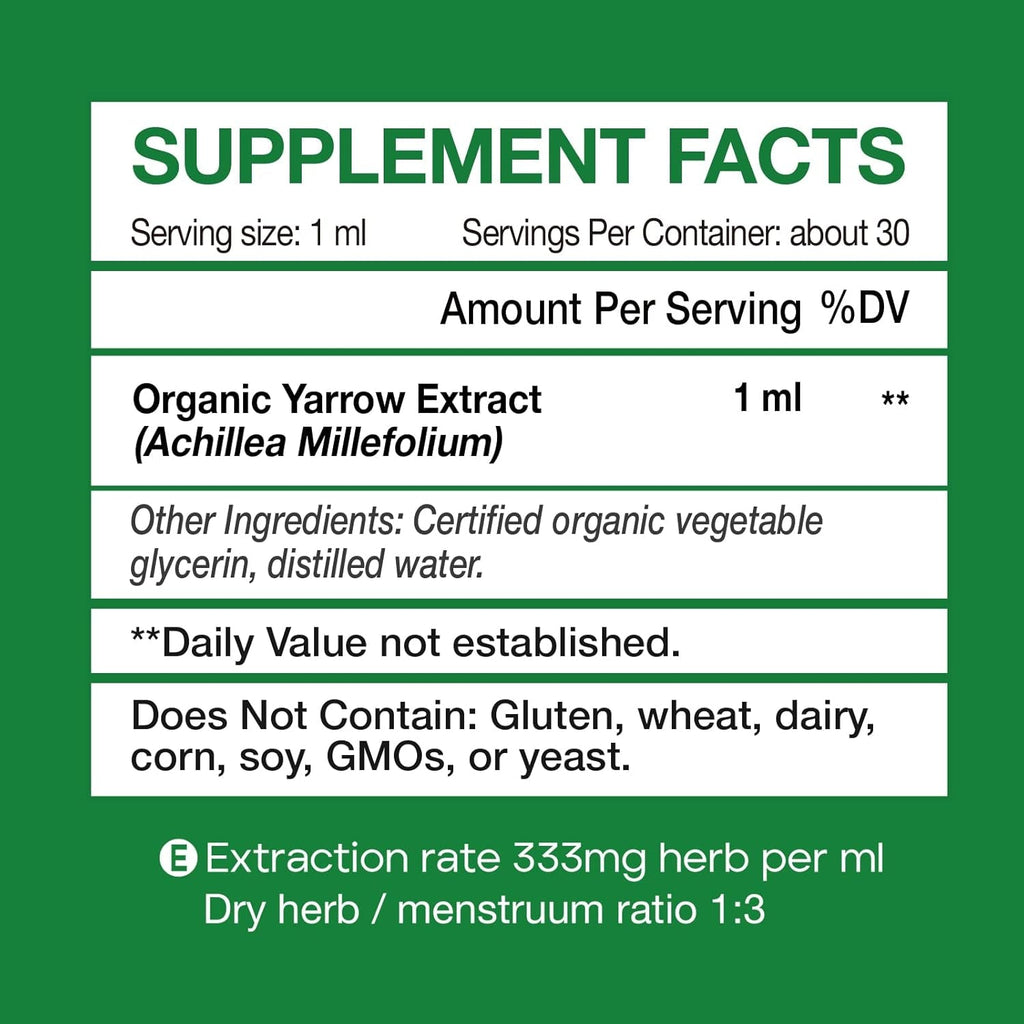 Yarrow Herb Tincture, Organic Yarrow Extract Liquid, GMP Certified, 98% Absorption, Non-Gmo, Vegan, Gluten Free, Alcohol Free- 1 Fl Oz