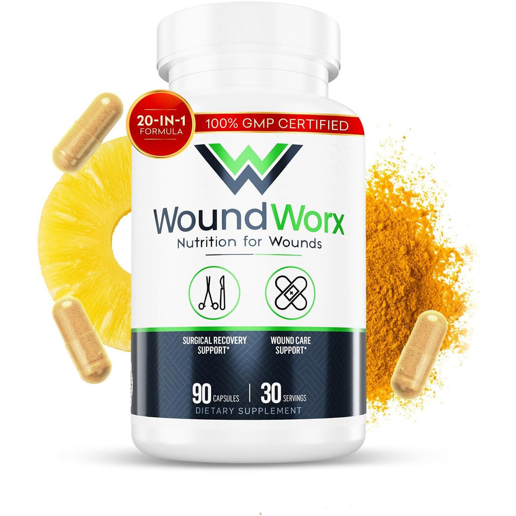 Free Life Labs Woundworx Nutrition-Scar and Surgery Support, Wound Care, General and Plastic Surgery, Faster Healing W/Vitamins, Amino Acids, Collagen, Probiotics, Turmeric, Bromelain-90 Caps