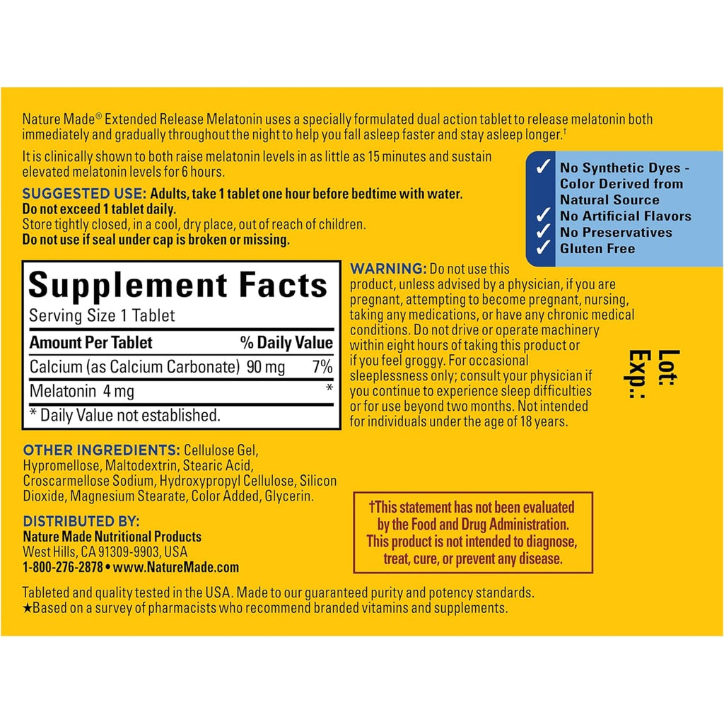Nature Made Melatonin 4Mg Extended Release Tablets, Sleep Supplements for Adults, 100% Drug Free Sleep Aid, 90 Count, 90 Day Supply