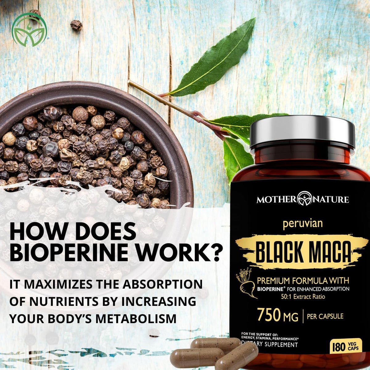 Black Maca Root 50:1 750Mg – 180 Capsules Organic Peruvian Maca Peruana Supplement for Men | High Potency Energy, Mood & Performance Support | Vegan, Non-Gmo