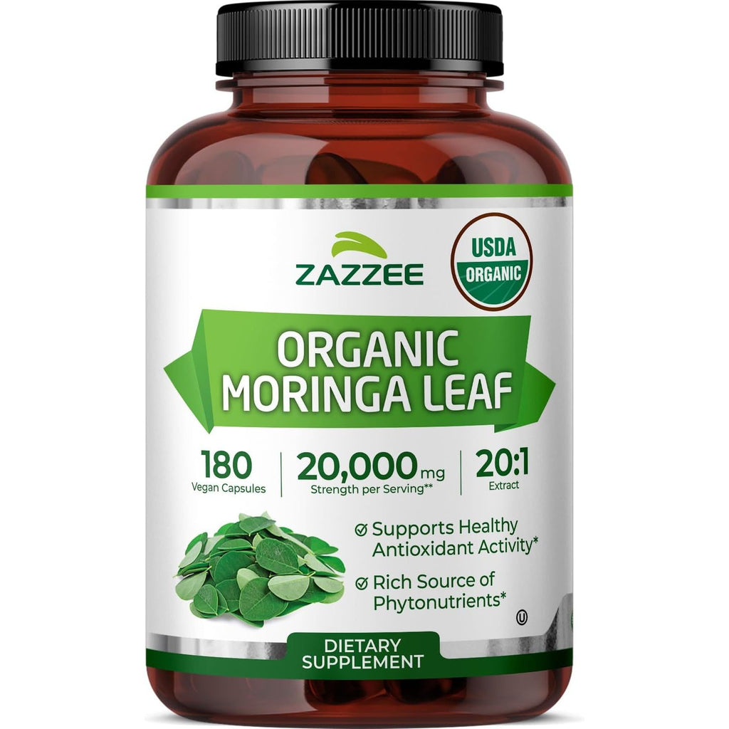 Zazzee USDA Organic Moringa Leaf 20:1 Extract, 180 Vegan Capsules, 3 Month Supply, Certified Kosher, Moringa Oleifera, Antioxidant, Immune & Cellular Support, Superfood Supplement, Made in the USA