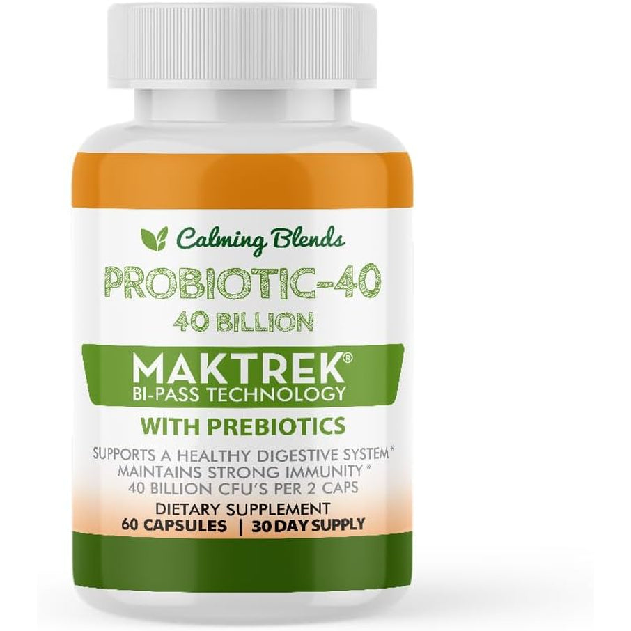 CALMING BLENDS Probiotic, 40 Billion CFU, Bi-Pass Delivery System for Maximum Effectiveness, Shelf Stable, 60 Vegetable Capsules