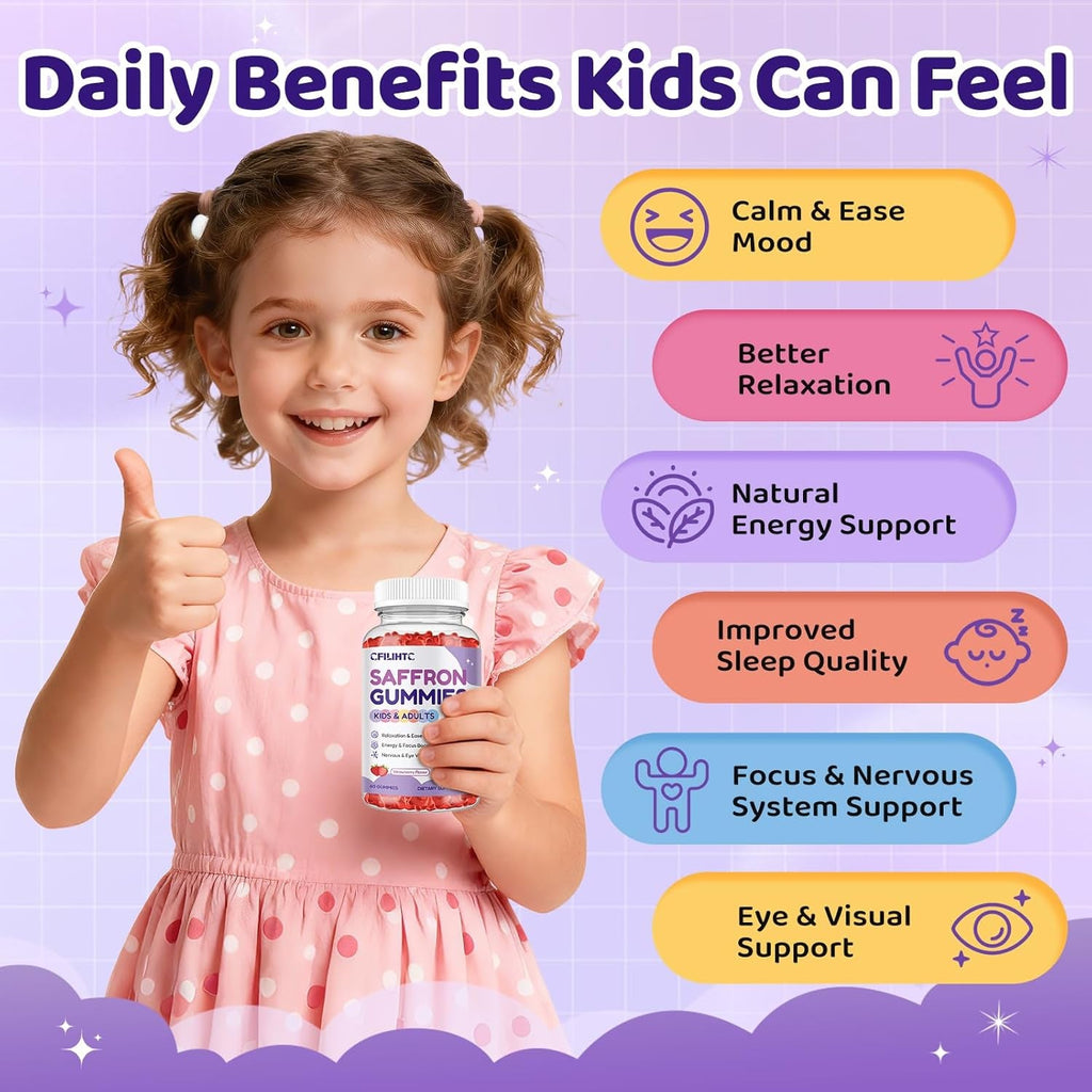 Saffron Gummies for Kids & Adults, 20-In-1 Saffron Supplements with 88.5Mg Saffron Extract, B6, B12, C, D3, Magnesium for Calm, Focus, Nerve, Sugar Free, Vegan, Non-Gmo - Strawberry Flavor, 60 Counts