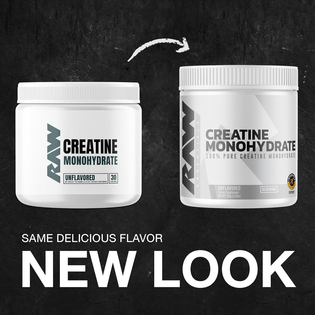 RAW Nutrition Creatine Monohydrate Powder, Unflavored (30 Servings) - Micronized Creatine Monohydrate Supplement for Workout Performance, Build Muscle & Strength - Creatine Powder for Men & Women