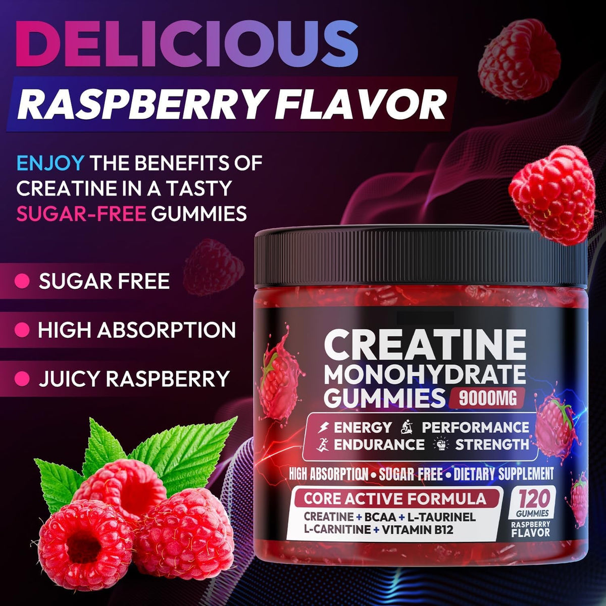 Creatine Gummies Monohydrate Complex, Pre-Workout for Men & Women, Creatine Gummy with L-Taurine, BCAA 2:1, B12/6 for Muscle Support, Enhance Strength, Energy Boost-120 Count