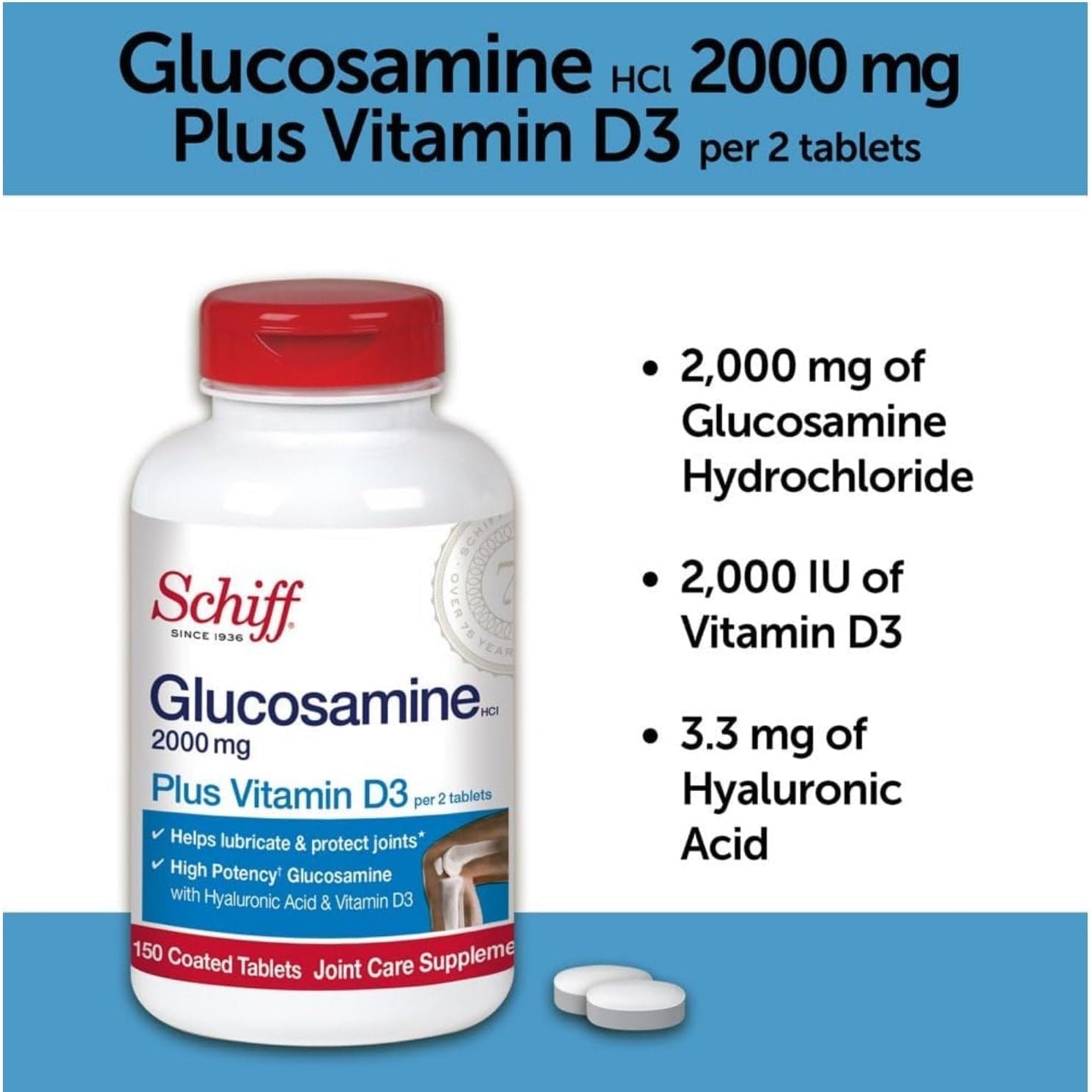 Schiff Glucosamine 2000Mg with Vitamin D3 and Hyaluronic Acid, 150 Tablets - Joint Supplement