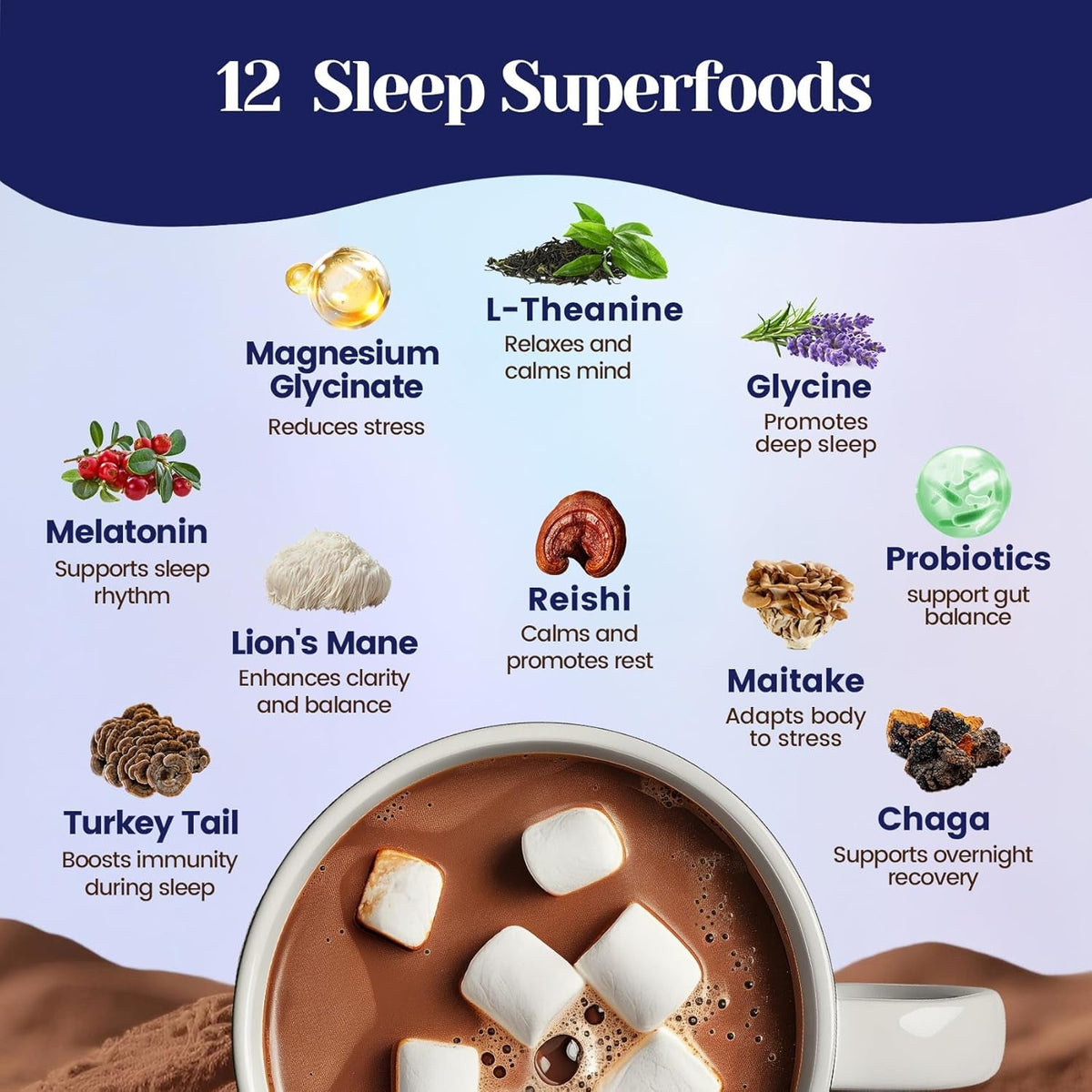Mushroom Hot Cocoa Powder with Magnesium Glycinate, Natural Sleep Aid with Reishi & L-Theanine for Adults, 12 Superfoods, Melatonin 3Mg, Unsweetened Hot Chocolate Drink Mix for Sleep, 30 Servings