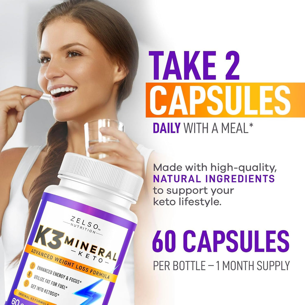 ZELSO K3 Mineral Weight Loss Pills for Women and Men, K3 Mineral Pills - K3 Salt Mineral, Vitamin + K3 Capsules Supplement for Keto Weight Loss - 1 Month Supply