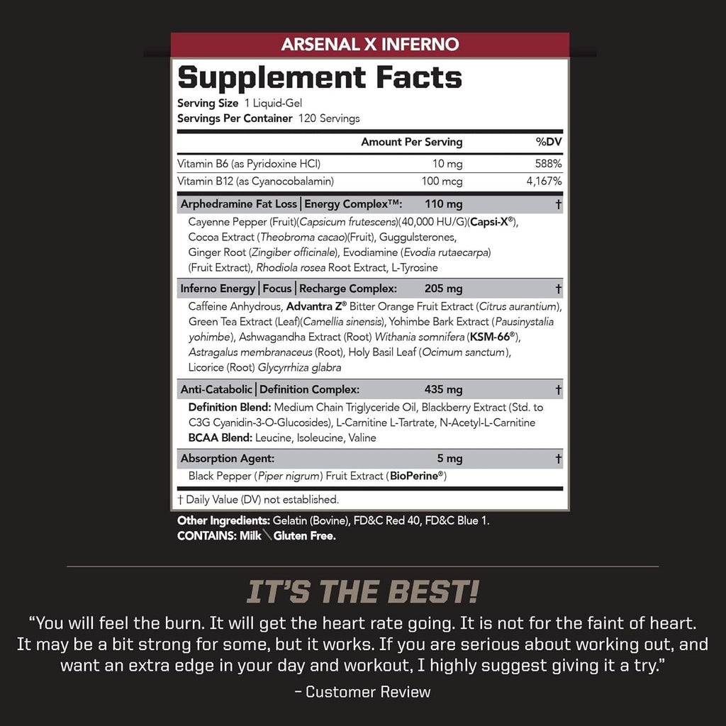 PMD Sports Arsenal X Inferno Superior Fast-Acting Liquid Gel Thermogenic Dietary Supplement - Fat Burner and Muscle Maintenance - Increase Metabolism and Energy Booster - 120 Liquid Gels