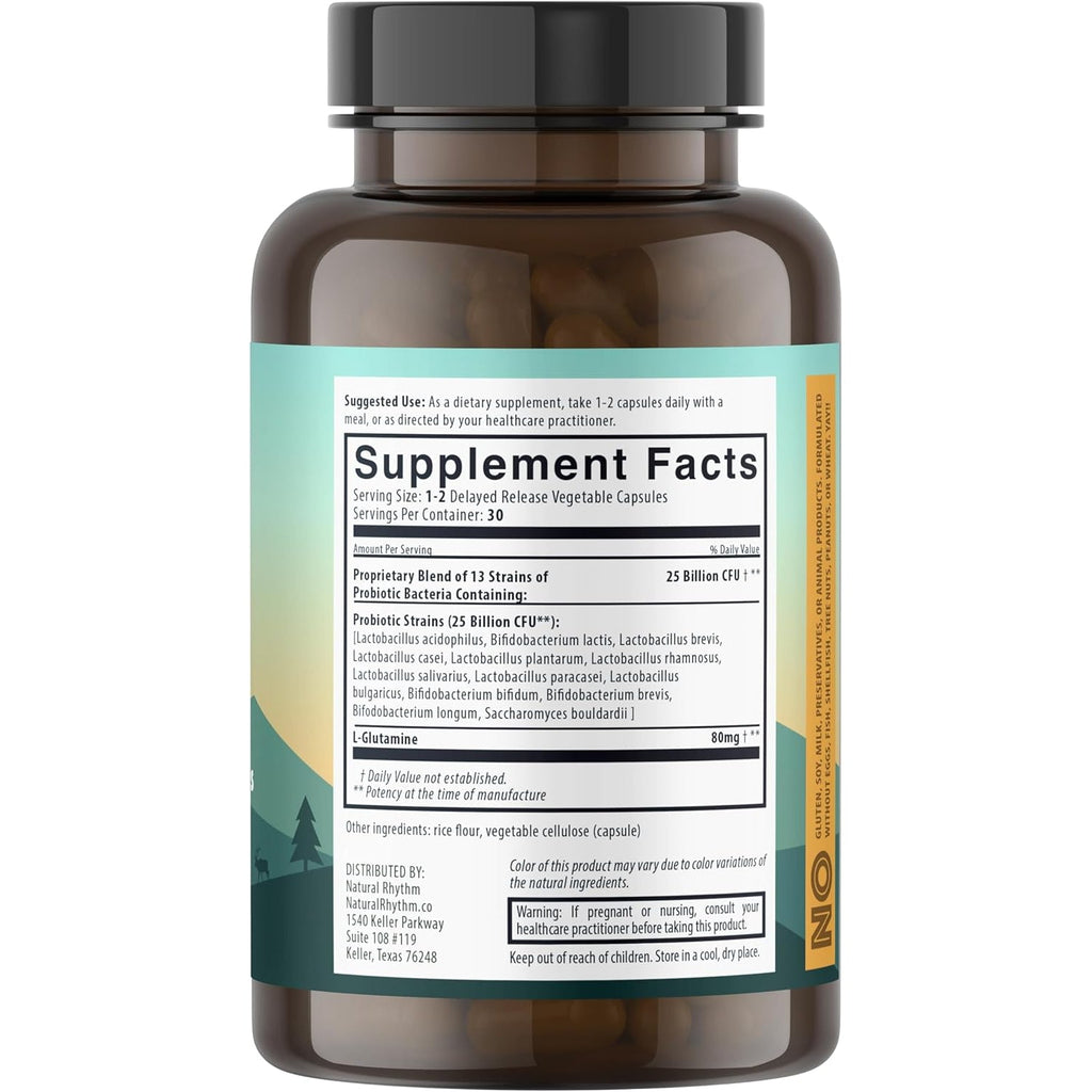 Natural Rhythm Digestive Calm Probiotic + L-Glutamine – 25 Billion CFU, 13 Strains, Digestive & Immune Support Supplement, Vegetarian Capsules (60 Count)