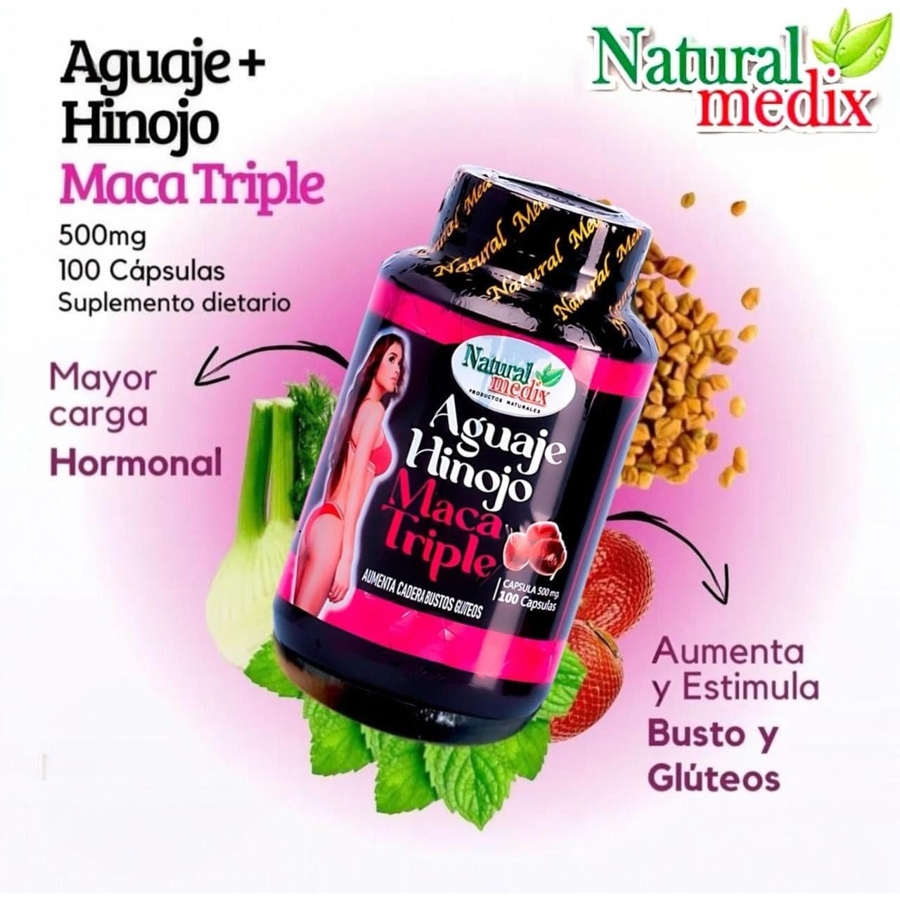 Aguaje Hinojo Maca Triple (Maca Root Supplement) Premium 100 Capsules | Premium Botanical Blend for Feminine Balance & Confidence