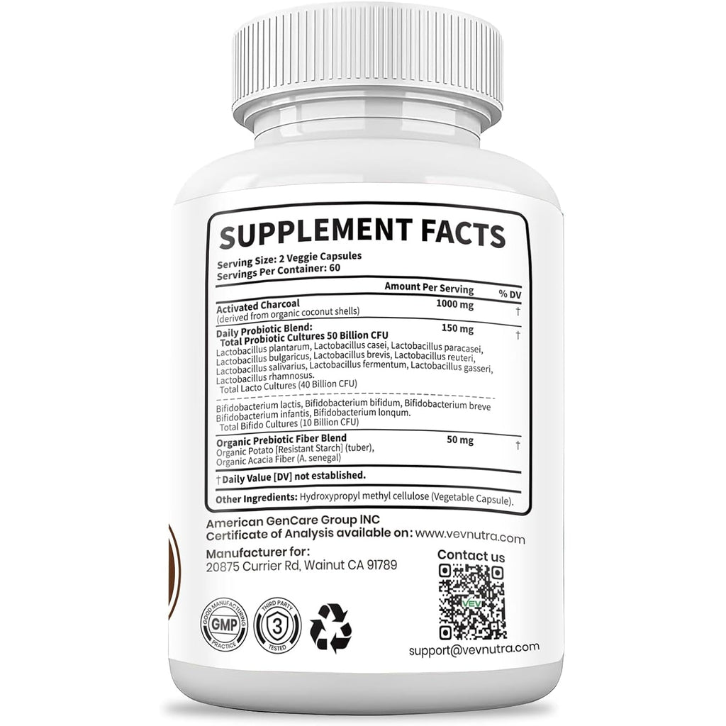 VEV Activated Charcoal with Organic Coconut Shell Charcoal & 50 Billion Probiotics – 120 Vegan Capsules for Digestive Wellness & Dietary Support