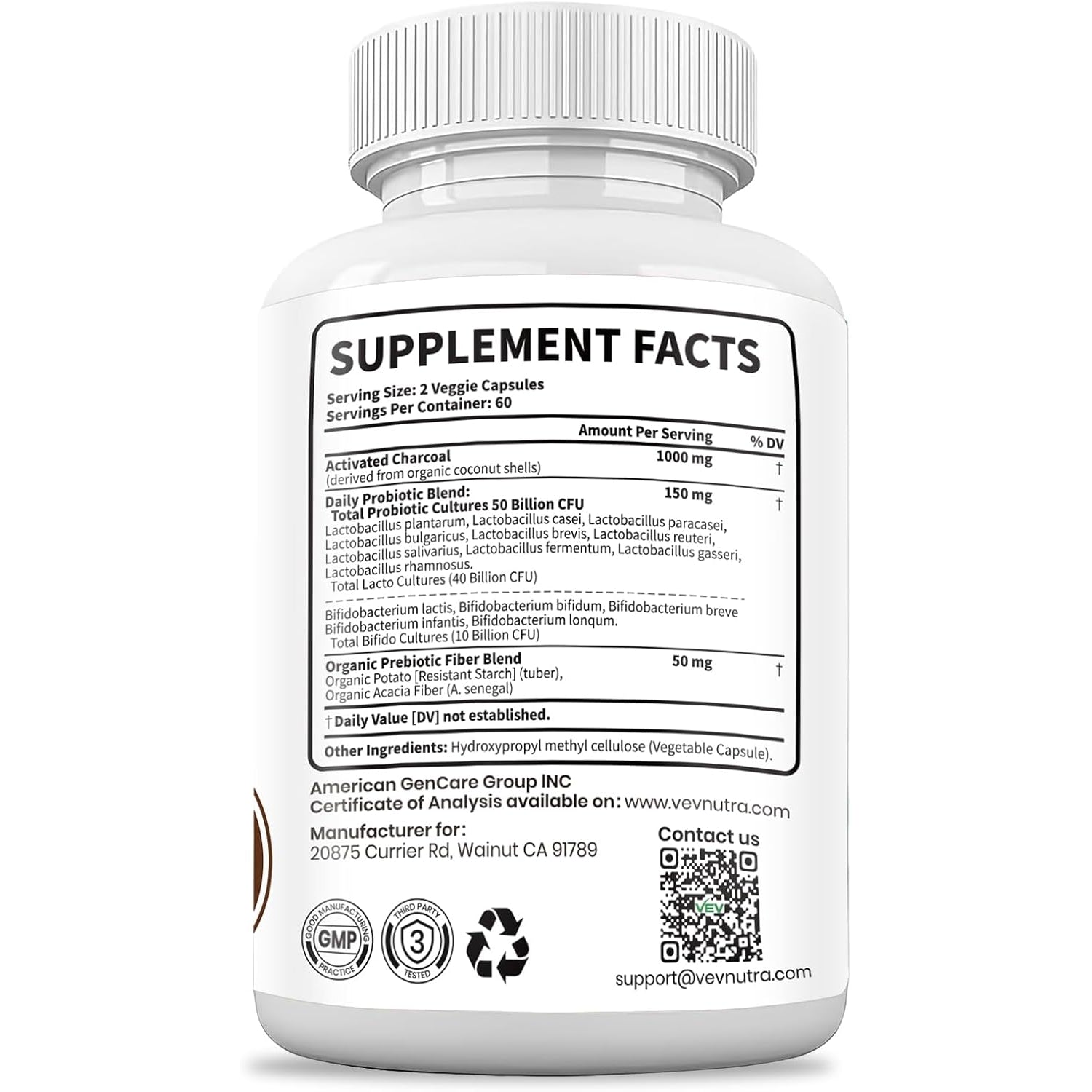 VEV Activated Charcoal with Organic Coconut Shell Charcoal & 50 Billion Probiotics – 120 Vegan Capsules for Digestive Wellness & Dietary Support