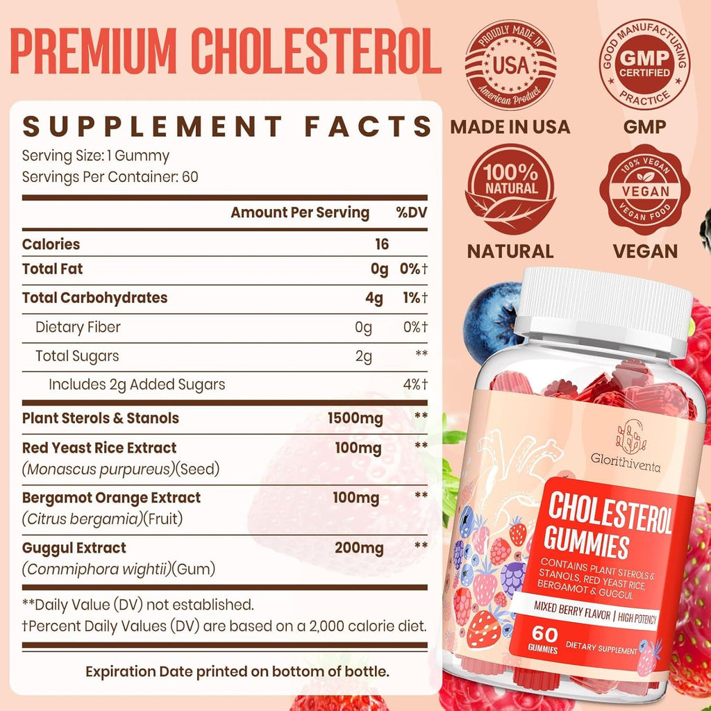 Cholesterol Supplement with Plant Sterols & Stanols, Guggul, Bergamot Orange Extract, Red Yeast Rice, Plant Sterols Complex Gummies, Mixed Berry Flavor, 60 Counts