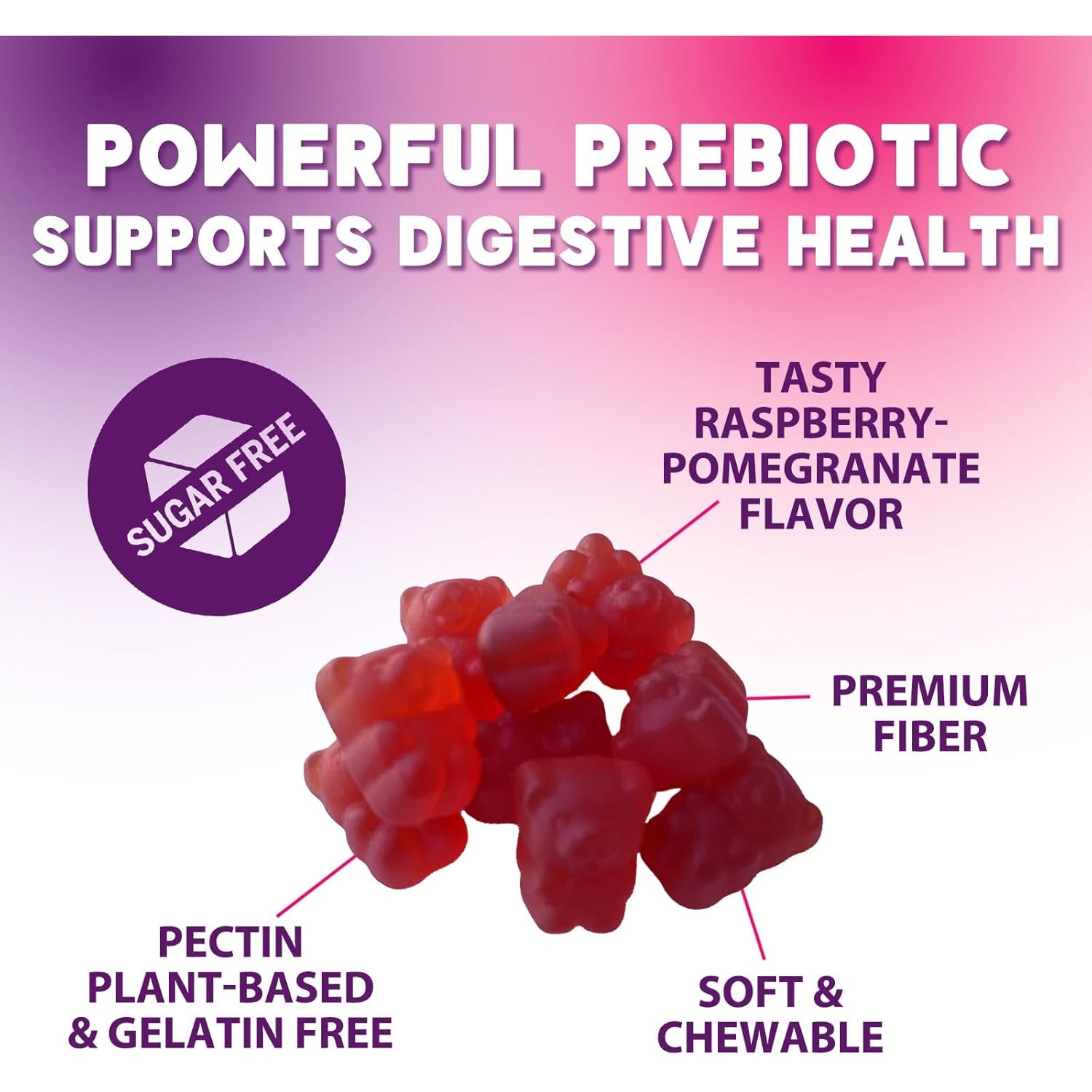 Fiber Gummies – Sugar Free Prebiotic Plant-Based Fiber 4G per Serving Supplement - Improved Soluble Formula Supports Digestive Health & Regularity - Non-Gmo, Natural Berry Flavor Chewable - 60 Gummies
