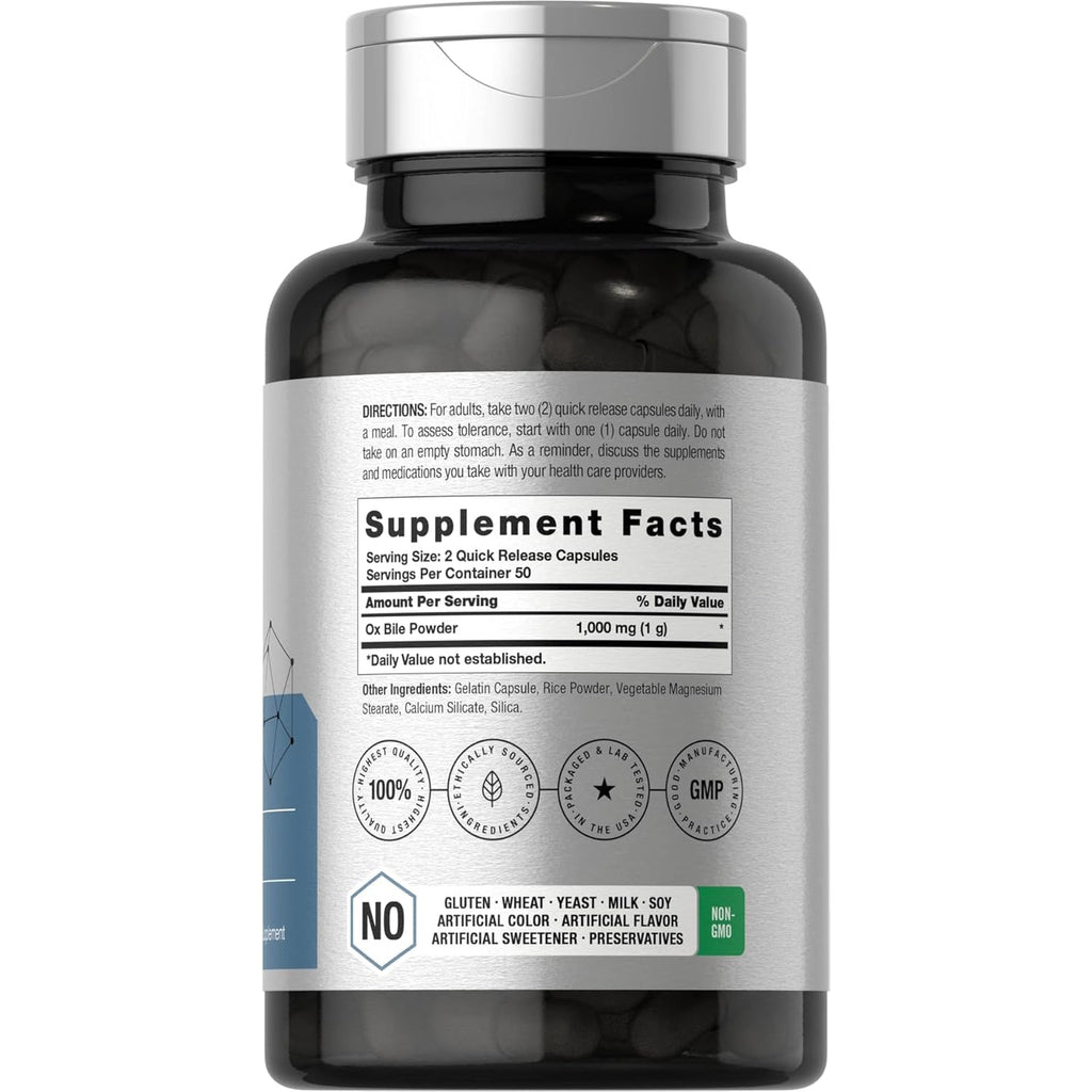 Horbäach Ox Bile Supplement | 1000Mg | 100 Capsules | Digestive Enzymes Supplement | Non-Gmo & Gluten Free