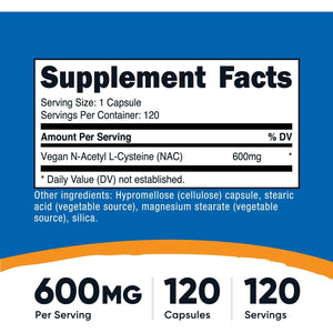 Nutricost N-Acetyl L-Cysteine (NAC) 600Mg, 120 Vegetarian Capsules - Non-Gmo, Gluten Free, Vegetarian Caps
