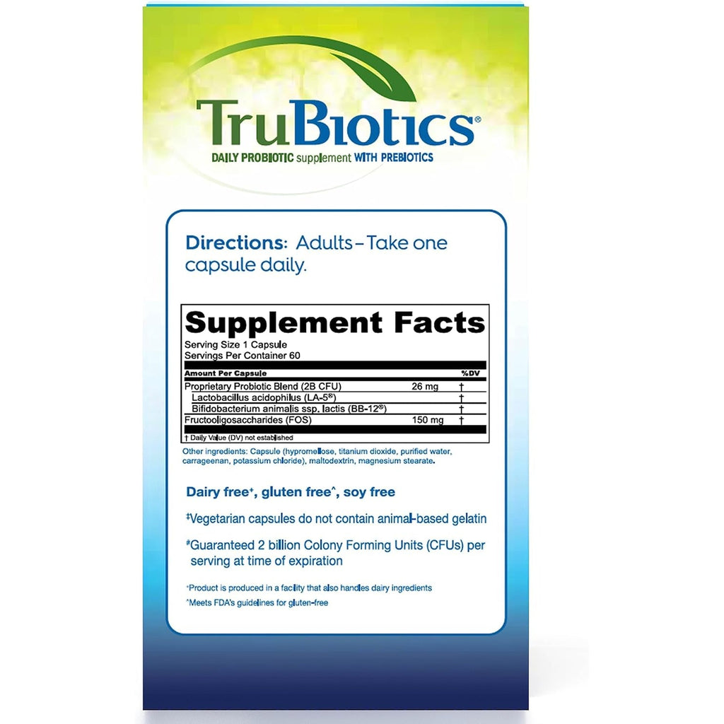 Trubiotics Probiotics for Digestive & Immune Health, Supports Regularity & Helps Relieve Abdominal Discomfort, Gas & Bloating, 2 Clinically Studied Probiotic Strains, plus Prebiotics, 60 Capsules
