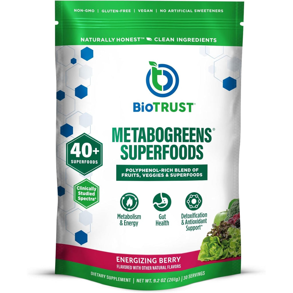 Biotrust Metabo Greens Superfood Powder - Super Greens Powder, Fruit & Veggie Blend with Clinically Studied Spectra - Non GMO, Soy Free, Gluten Free, Dairy Free, Energizing Berry Flavor (30 Servings)