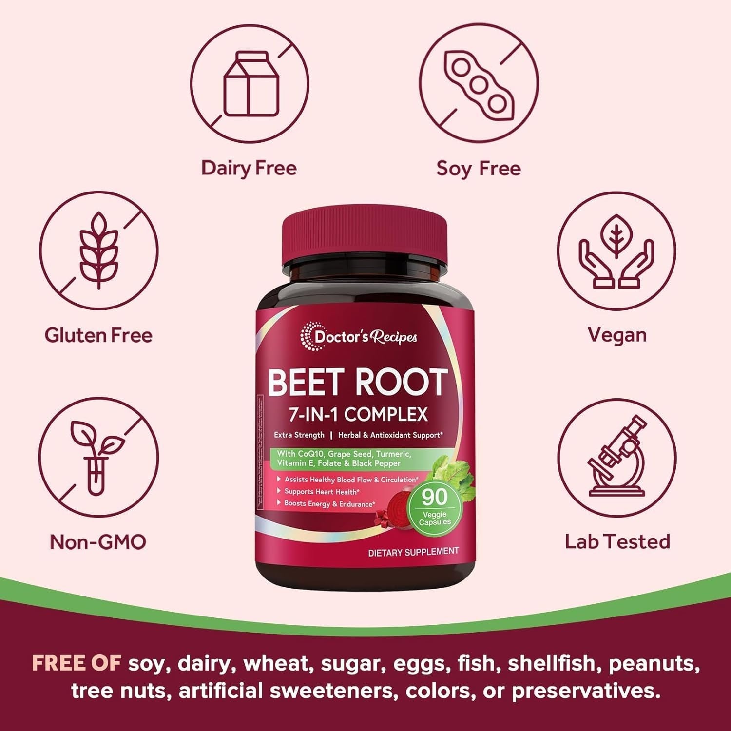 Doctor'S Recipes Beet Root Capsules, Beet Root Extract with Grape Seed, Coq10, Turmeric, Black Pepper for Enhanced Absorption, Supports Heart, Circulation, Energy & Nitric Oxide, Non-Gmo, 90 Veg Caps