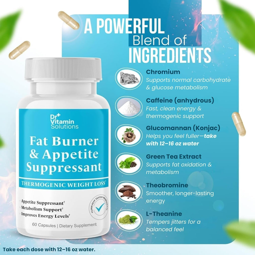 Fat Burner for Women & Men - Appetite Suppressant for Weight Loss - Pills W/Metabolism Booster Thermogenic Weight Loss Supplement - Includes Chromium & Green Tea Extract - 60 Capsules