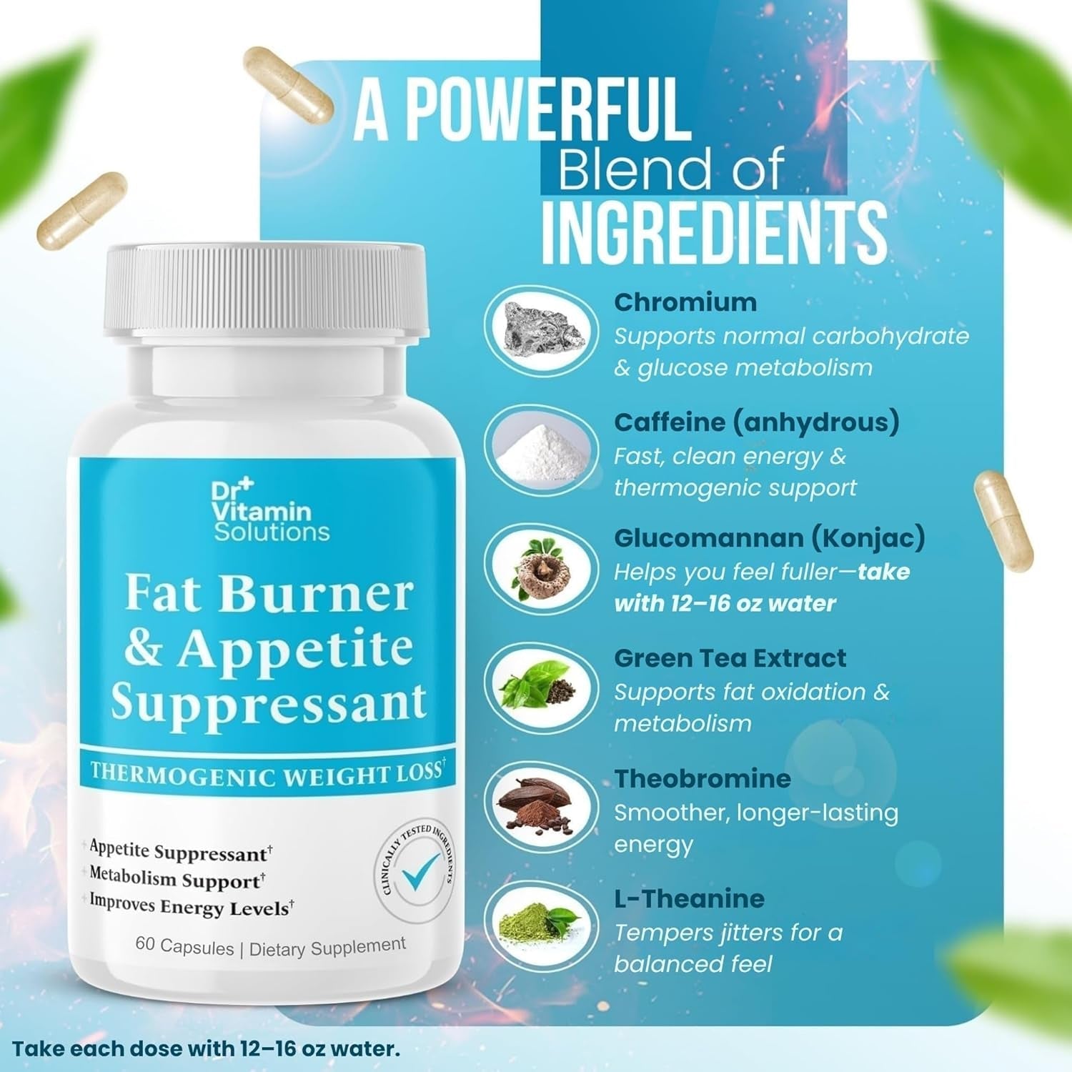 Fat Burner for Women & Men - Appetite Suppressant for Weight Loss - Pills W/Metabolism Booster Thermogenic Weight Loss Supplement - Includes Chromium & Green Tea Extract - 60 Capsules
