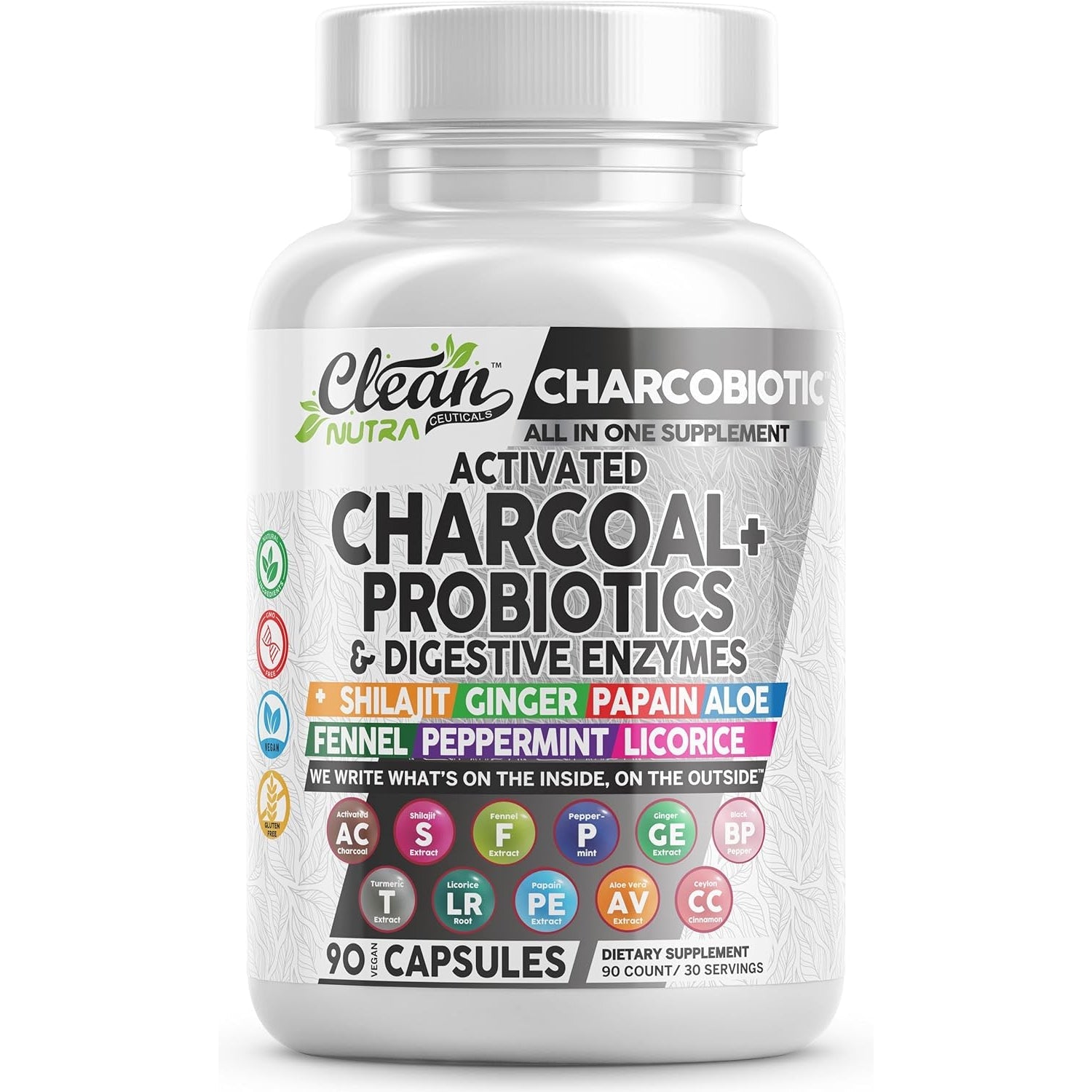 Activated Charcoal Pills for Gas Relief and Debloat, Charcobiotic with Probiotics Digestive Enzymes Shilajit Peppermint Fennel Ginger Turmeric Licorice Root Aloe Vera Ceylon Cinnamon, Clean Nutra 90Ct