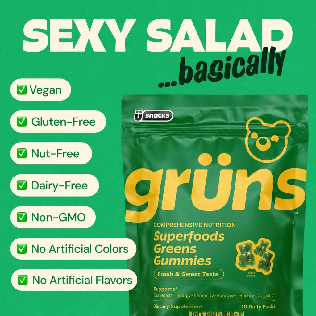 Gruns Adult Super Greens Multivitamin Gummies, Superfood Gummy Vitamins for Women and Men with Spirulina, Chlorella, Adaptogens & Prebiotic Fiber for Digestive Health (28 Count)