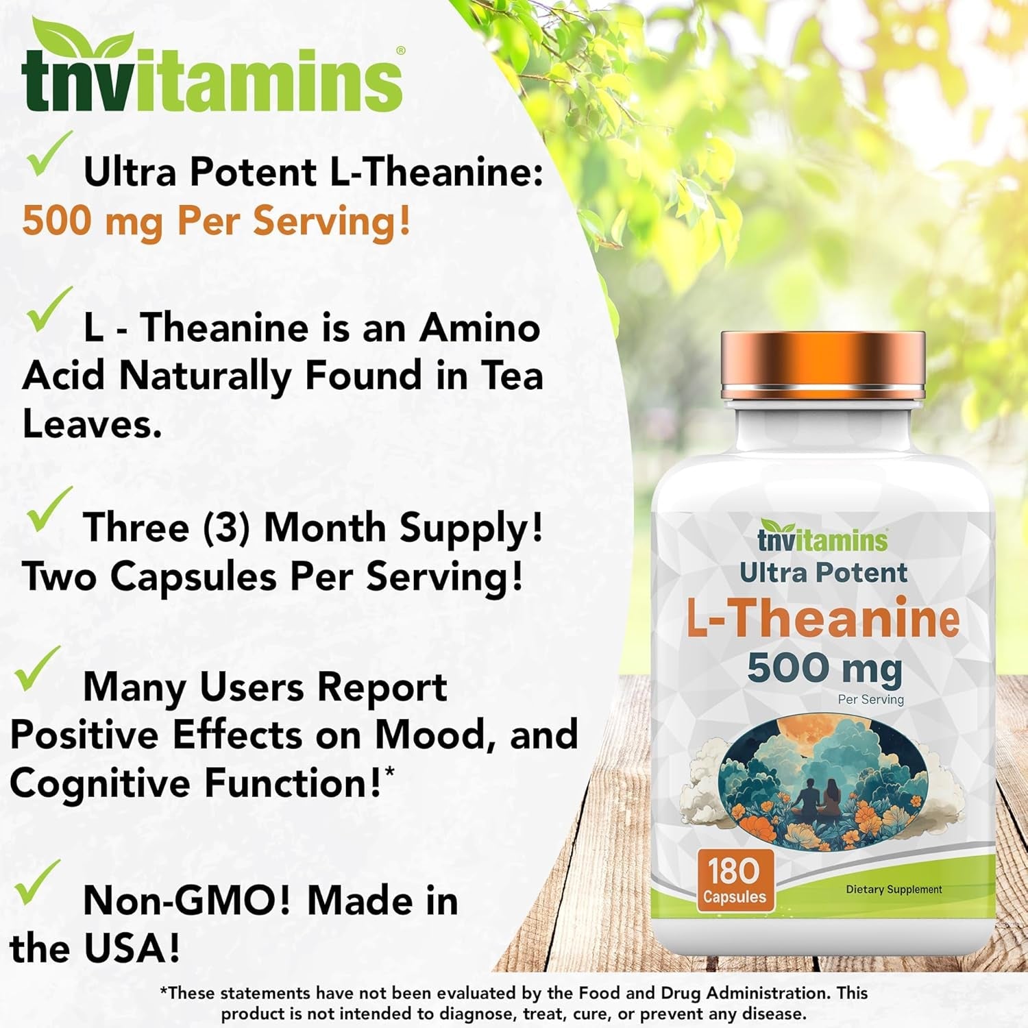 Tnvitamins L-Theanine Capsules 500 Mg per Serving, 180 Capsules | Calm Focus & Relaxation Support* | Helps Promote Stress Balance, Mental Clarity & Mood Support* | Non-Gmo, Made in USA