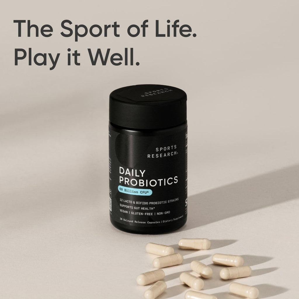 Sports Research Daily Probiotics with Prebiotics, 60 Billion CFU - Vegan Capsules for Gut Health & Digestive Support, Probiotics for Women & Men - Non-Gmo Verified & Gluten Free - 30 Count
