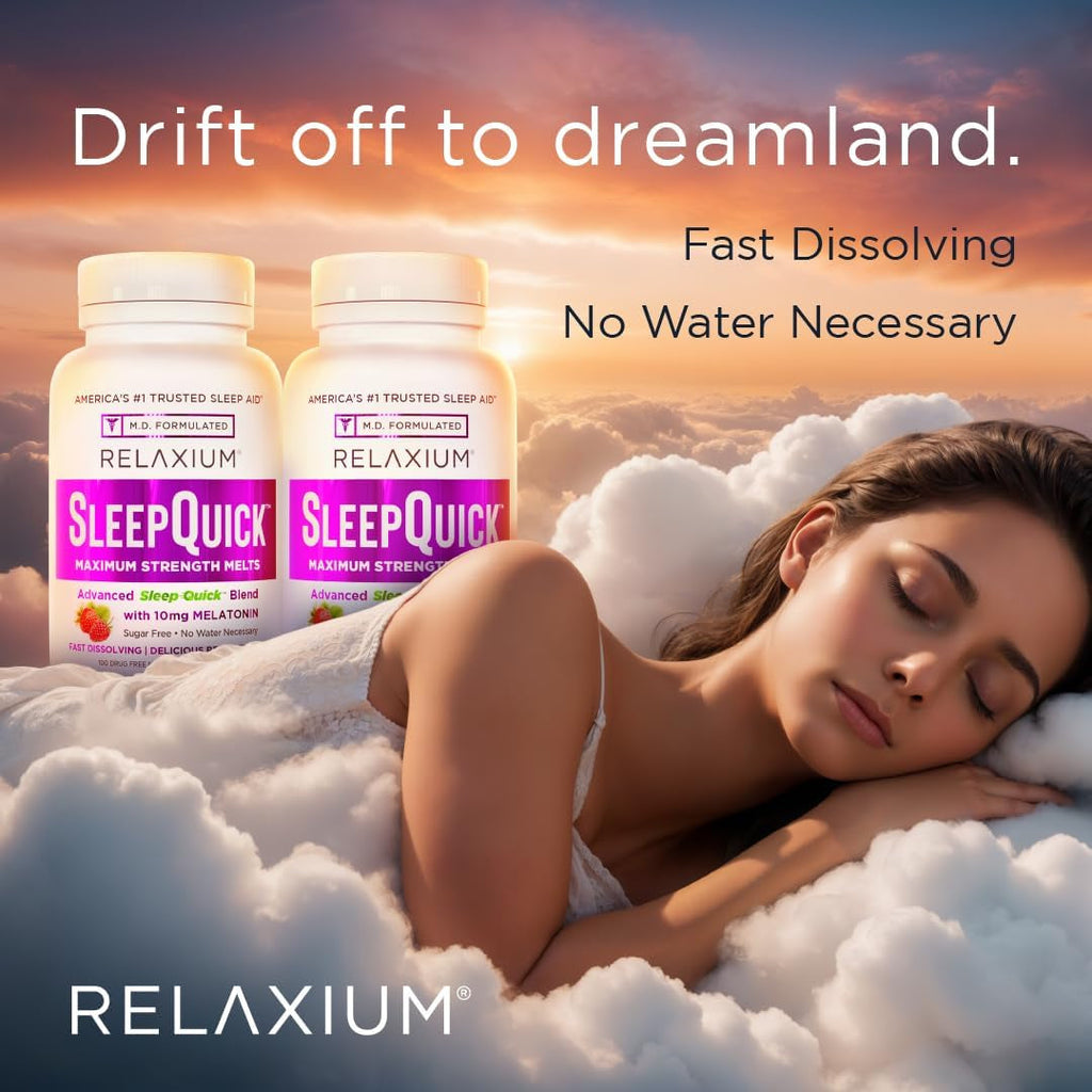 Relaxium Sleep Quick Maximum Strength Melts, Fast Acting Sleep Aid with 10 Mg Melatonin, Drug Free Dietary Supplement, Vegan, Gluten Free, Made in USA, 100 Servings, Berry Flavor