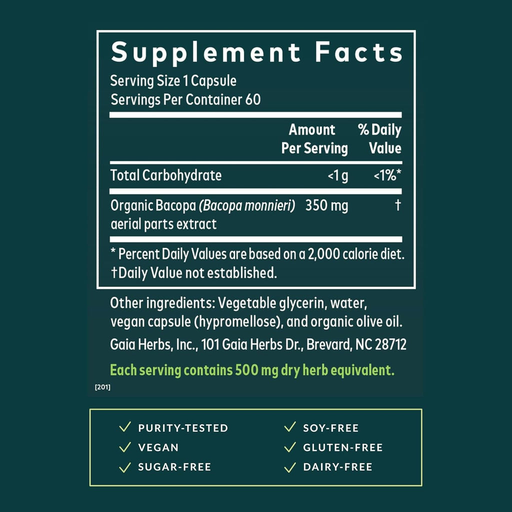 Gaia Herbs Bacopa - Brain & Cognitive Support Herbal Supplement - Made with Bacopa Monnieri to Help Support a Thriving Mind* - 60 Vegan Liquid Phyto-Capsules (60 Servings)
