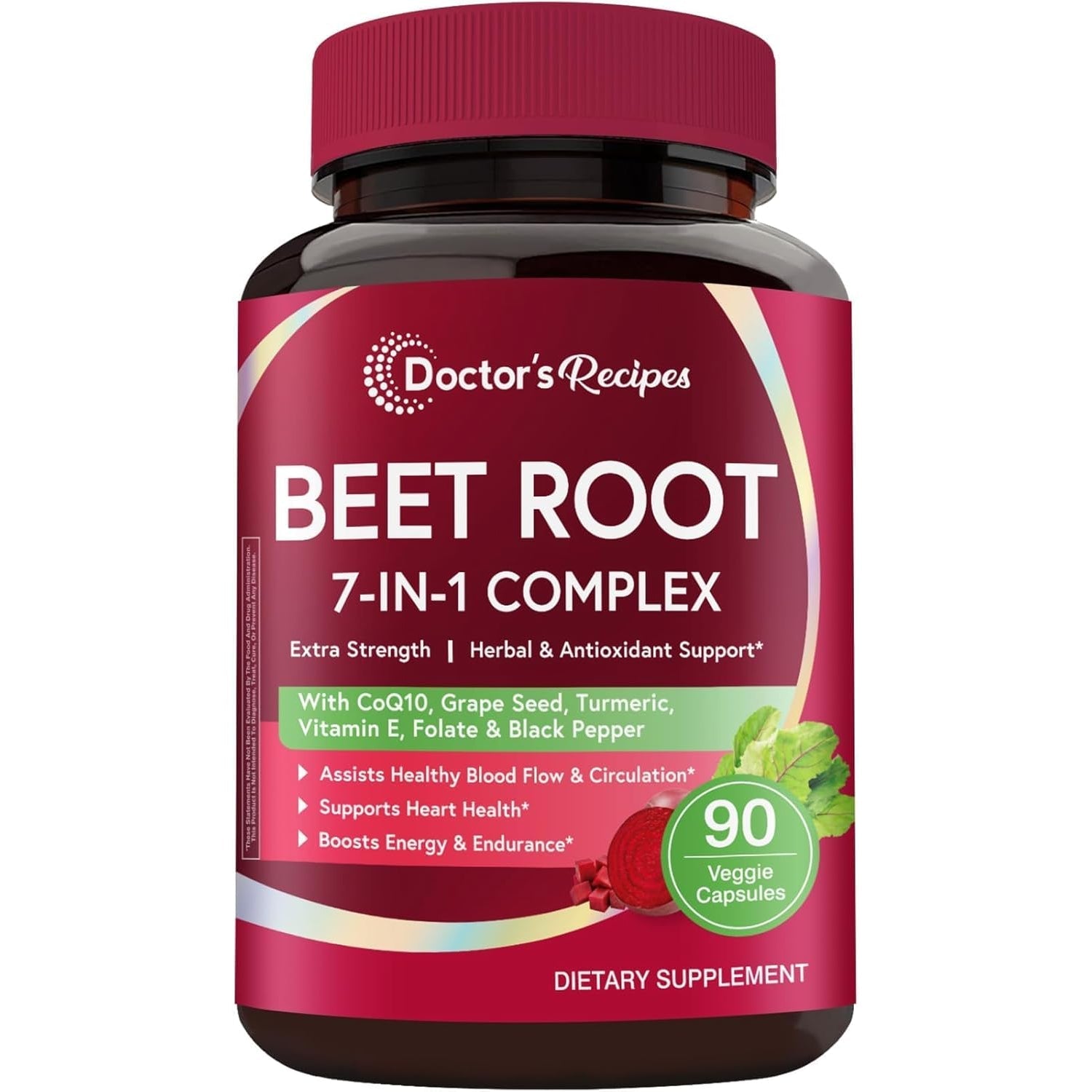 Doctor'S Recipes Beet Root Capsules, Beet Root Extract with Grape Seed, Coq10, Turmeric, Black Pepper for Enhanced Absorption, Supports Heart, Circulation, Energy & Nitric Oxide, Non-Gmo, 90 Veg Caps