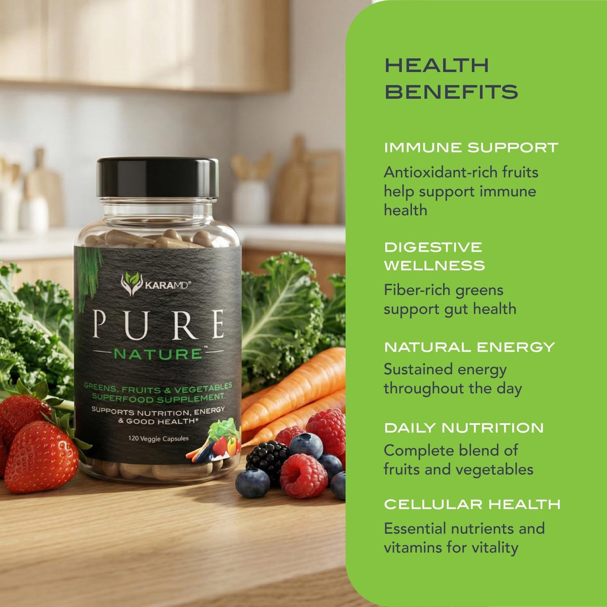 Karamd Pure Nature | Greens, Fruit and Veggies Supplement | Whole Food Multivitamin & Antioxidants |20 Fruits & Vegetables Supplement for Energy & Digestion |Gluten Free & Vegan Friendly (30 Servings)
