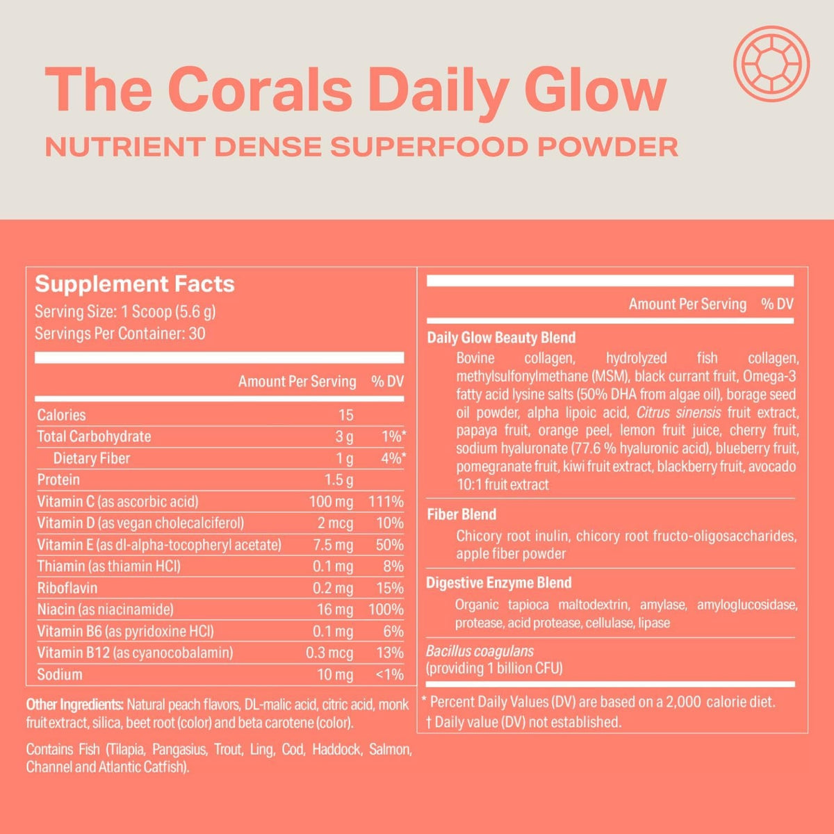 Proper, the Corals Daily Glow Beauty Blend - Nutrient Dense Superfood Powder with Collagen Peptides, Hyaluronic Acid Powder, Vitamin C, and MSM. Hair, Skin, Nail Vitamin Supplement for Women & Men