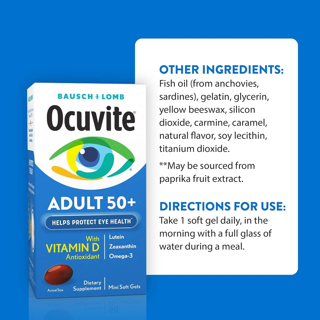 Ocuvite 50+ Eye Vitamin & Mineral Supplement, Multivitamin for Vision & Ocular Health with Omega-3, Zinc, Vitamins C & E, Lutein & Zeaxanthin, Zinc Supplements for Women and Men, 50 Softgels