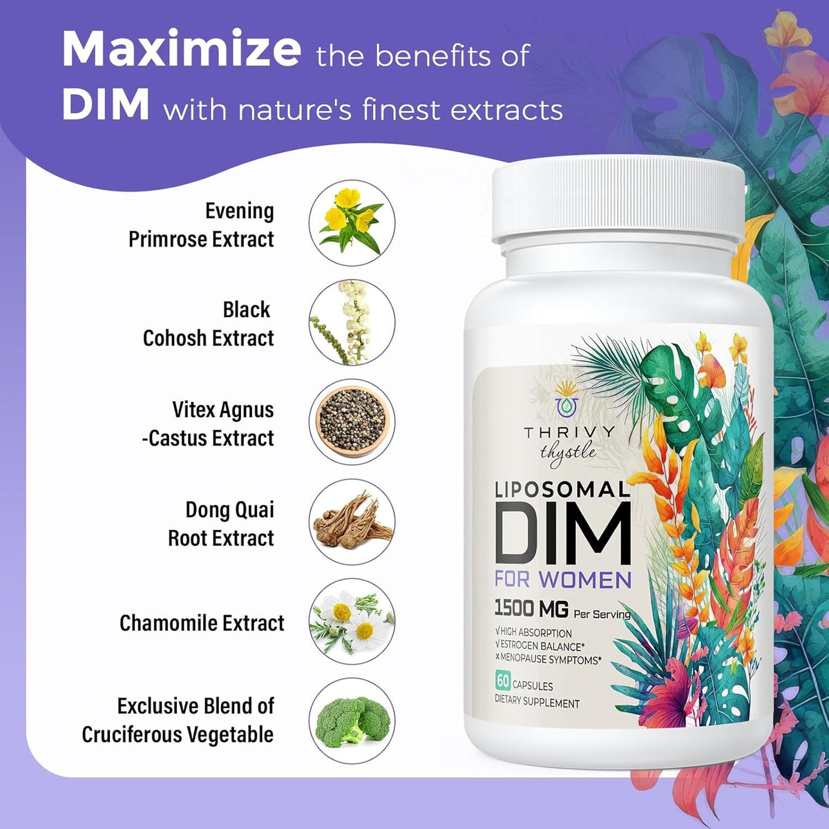 Liposomal DIM 400 Mg - Hormone Balance, Estrogen Support for Women, DIM Supplement with Vitamin E, Evening Primrose, Black Cohosh, Omega-3 Fatty Acids (60 Capsules)