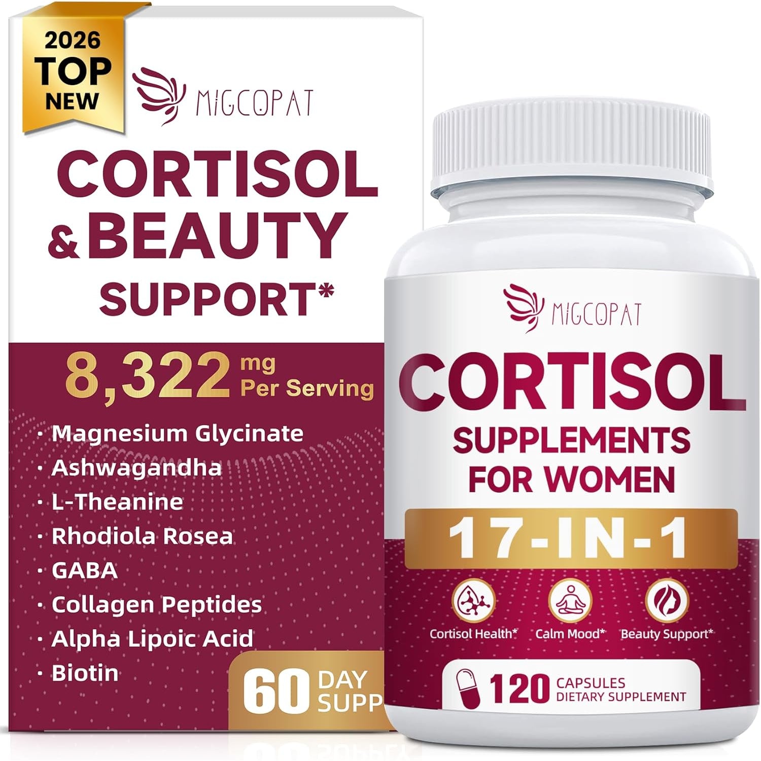 Migcopat 17-In-1 Cortisol Supplements for Women, 8322Mg with Collagen, Magnesium Glycinate, Ashwagandha, L-Theanine for Relaxation, Stress and Sleep Support, Cortisol Reducer for Women- 120 Capsules