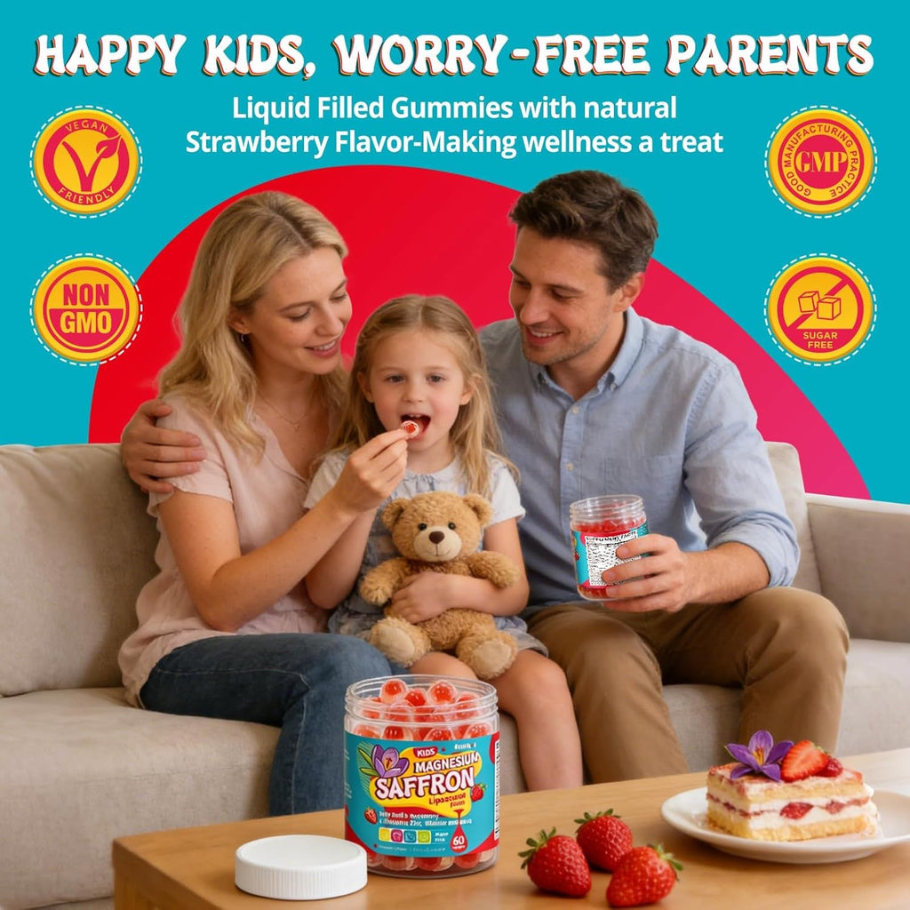 Duwhot Saffron for Kids Gummies Sugar Free, Saffron Magnesium Supplement W/Holy Basil, Rosemary, Omega-3 & Vitamins for Happy Kids, Brain, Energy & Vision Support, Vegan, Organic, 60 Chewables