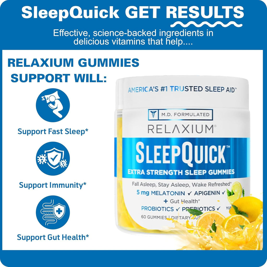 Relaxium Sleepquick Gummies - Sleep Aid + Gut Health & Immune Support, 5 Mg Melatonin, Vitamin D-3 + Prebiotic & Probiotic Blend, Gluten & Drug Free, Lemon Flavor, 60 Gummies