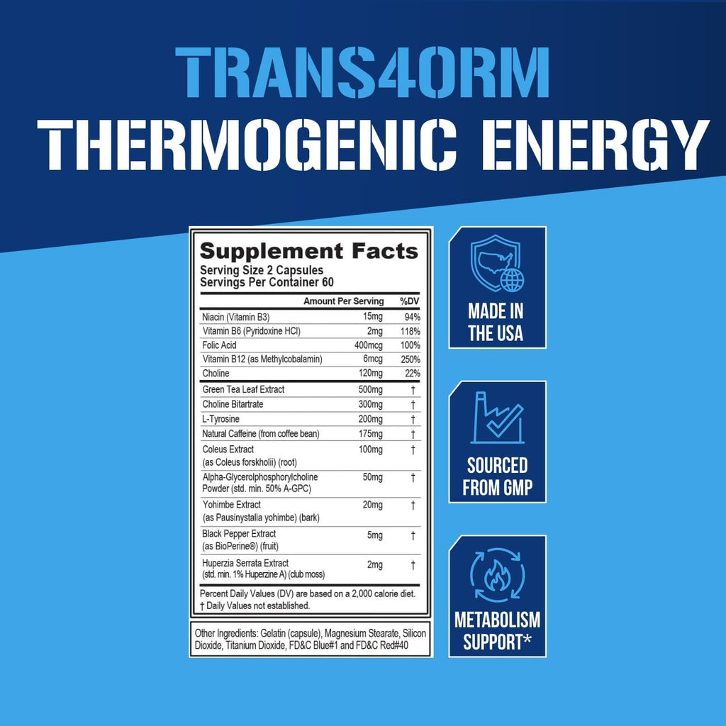 EVL Thermogenic Fat Burner Support - Fast Acting Weight Loss Energy and Appetite Support - Trans4Orm Green Tea Supplement for Men and Women - 60 Servings