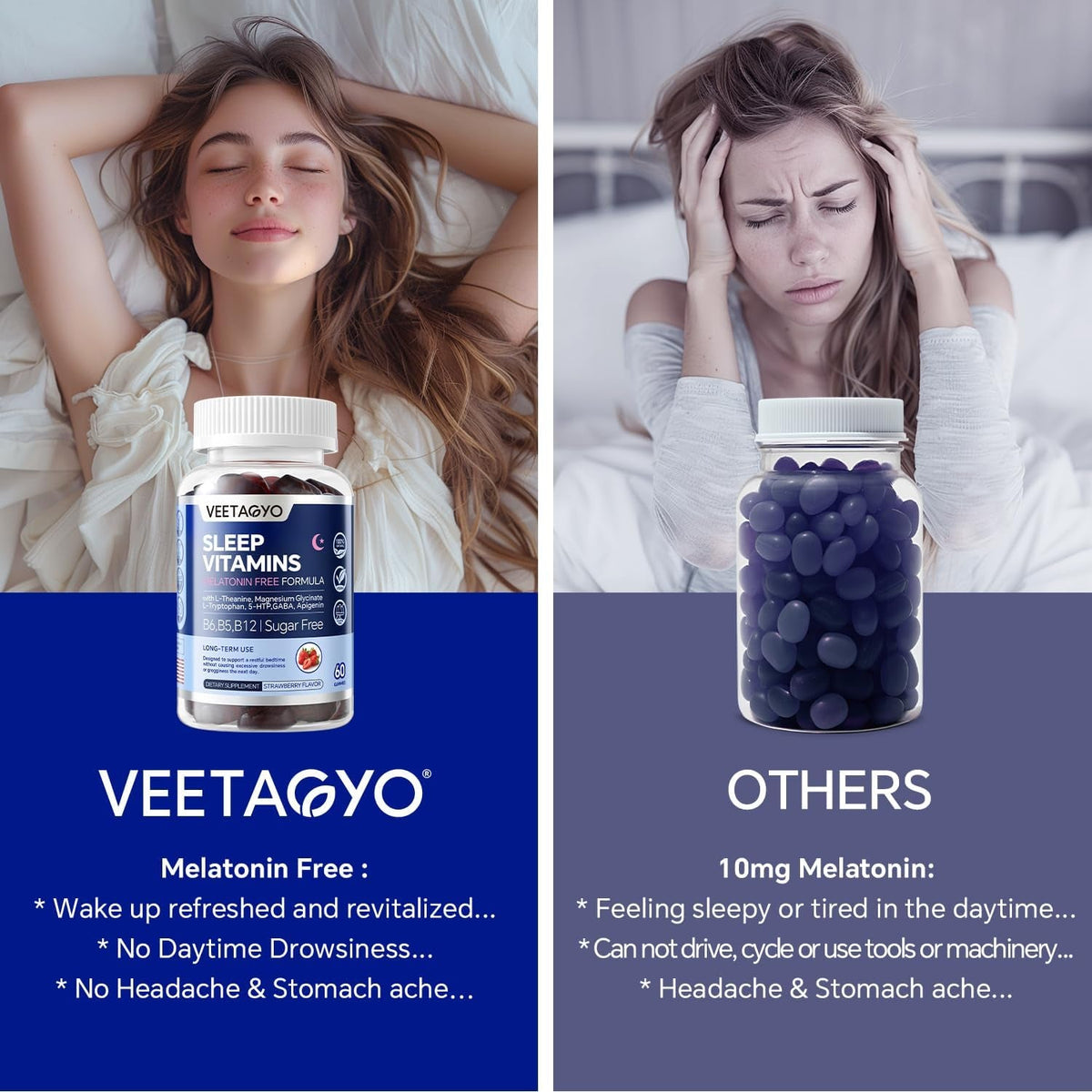 VEETAGYO Melatonin Free 5-HTP GABA Supplement Gummies for Adults & Kids 12+ with L-Theanine, Magnesium Glycinate, L-Tryptophan, Apigenin - Sugar Free, Strawberry Flavor, Vegan, 120 Count