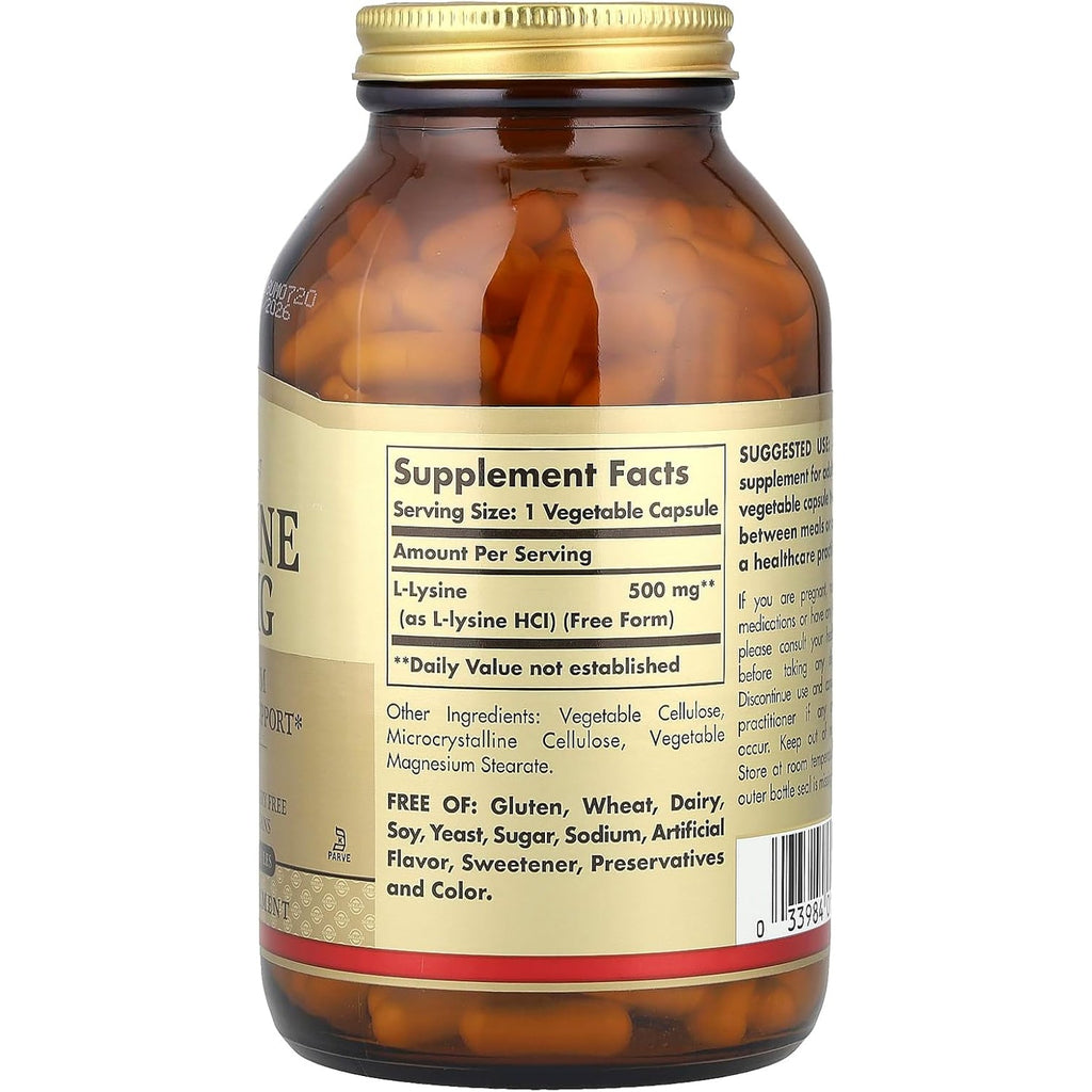 Solgar L-Lysine 500 Mg, 250 Vegetable Capsules - Enhanced Absorption & Assimilation - Promotes Integrity of Skin & Lips - Collagen Support - Amino Acids - Non-Gmo, Vegan, Gluten Free