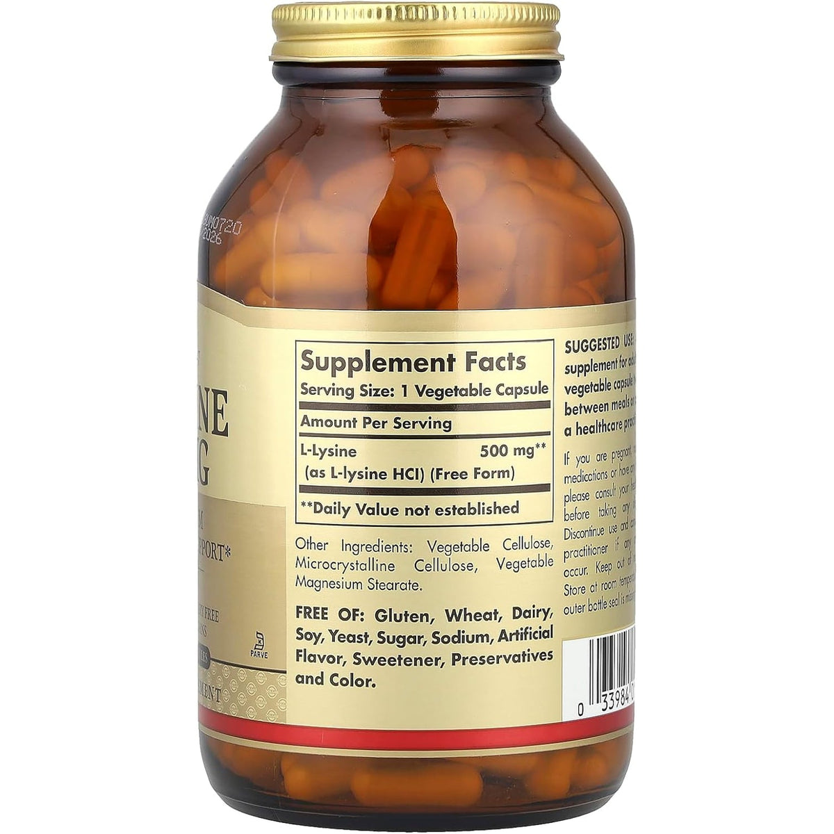 Solgar L-Lysine 500 Mg, 250 Vegetable Capsules - Enhanced Absorption & Assimilation - Promotes Integrity of Skin & Lips - Collagen Support - Amino Acids - Non-Gmo, Vegan, Gluten Free