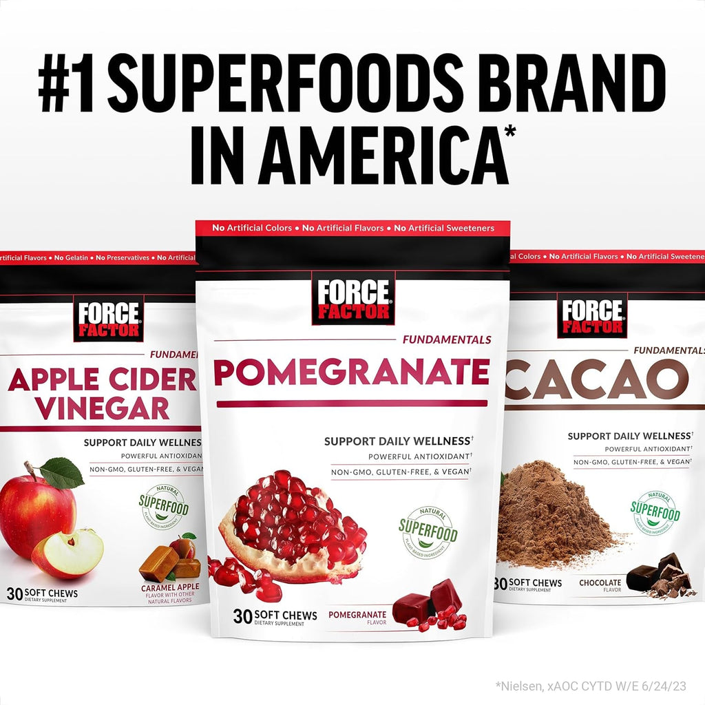 Force Factor Pomegranate Soft Chews for Healthy Aging, Heart, Bone, & Brain Health, Made with Real & Premium Pomegranate Juice Powder, Non-Gmo, Gluten-Free, Vegan, Pomegranate Flavor, 30 Soft Chews