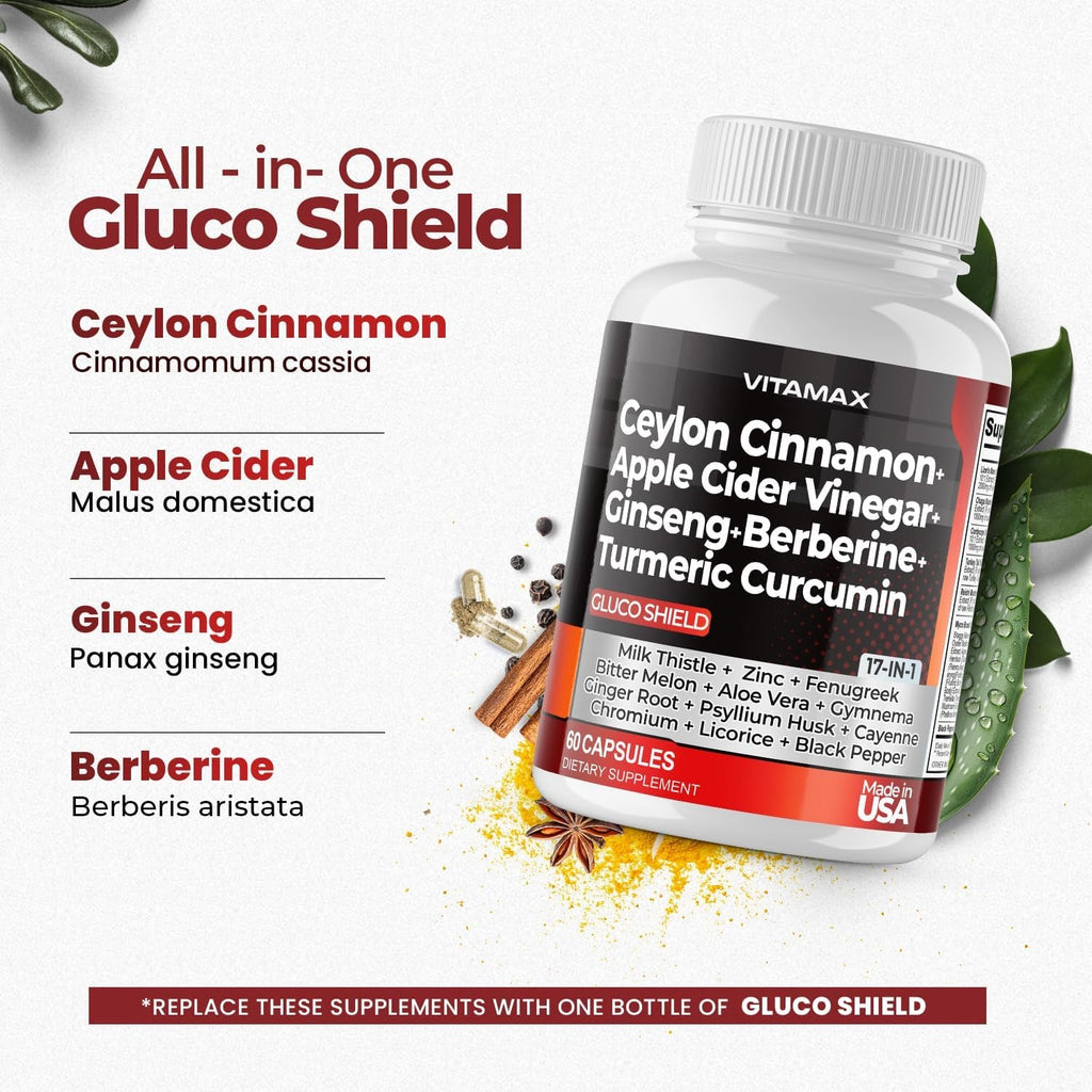 Ceylon Cinnamon, Apple Cider Vinegar, Turmeric - Gluco Health Support - Panax Ginseng, Berberine, Bitter Melon Milk Thistle Fenugreek - Non GMO – Made in USA – 60Ct