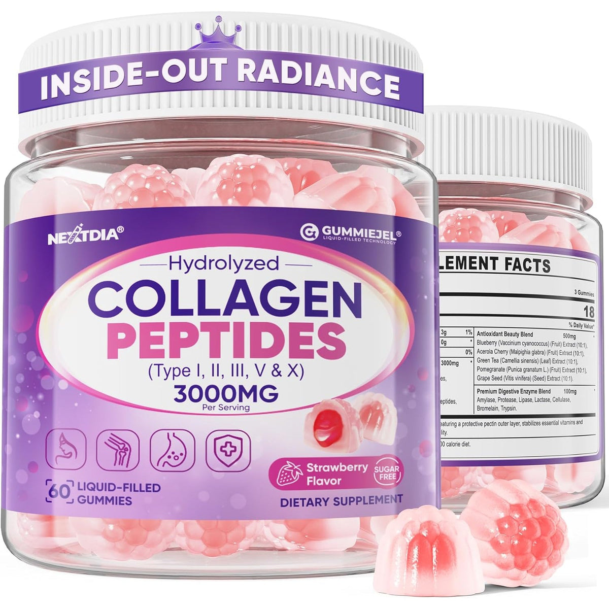 Collagen Gummies for Women & Men 3000Mg, Hydrolyzed Collagen Peptides with Antioxidant Blend & Digestive Enzymes, Multi Collagen (Type I,II,III,V,X) for Anti-Aging, Hair, Skin, Nails, Sugar Free,60Cts