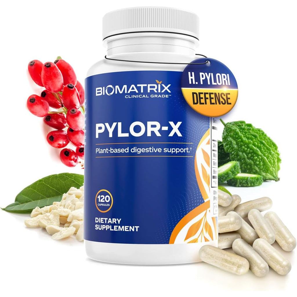 Biomatrix Pylor-X Gut Health Supplement – Mastic Gum, Berberine, Zinc Carnosine & Bismuth Salts for Gastric Support, Digestive Comfort, Stomach Lining Protection - (120 Capsules) 30-60 Day Supply