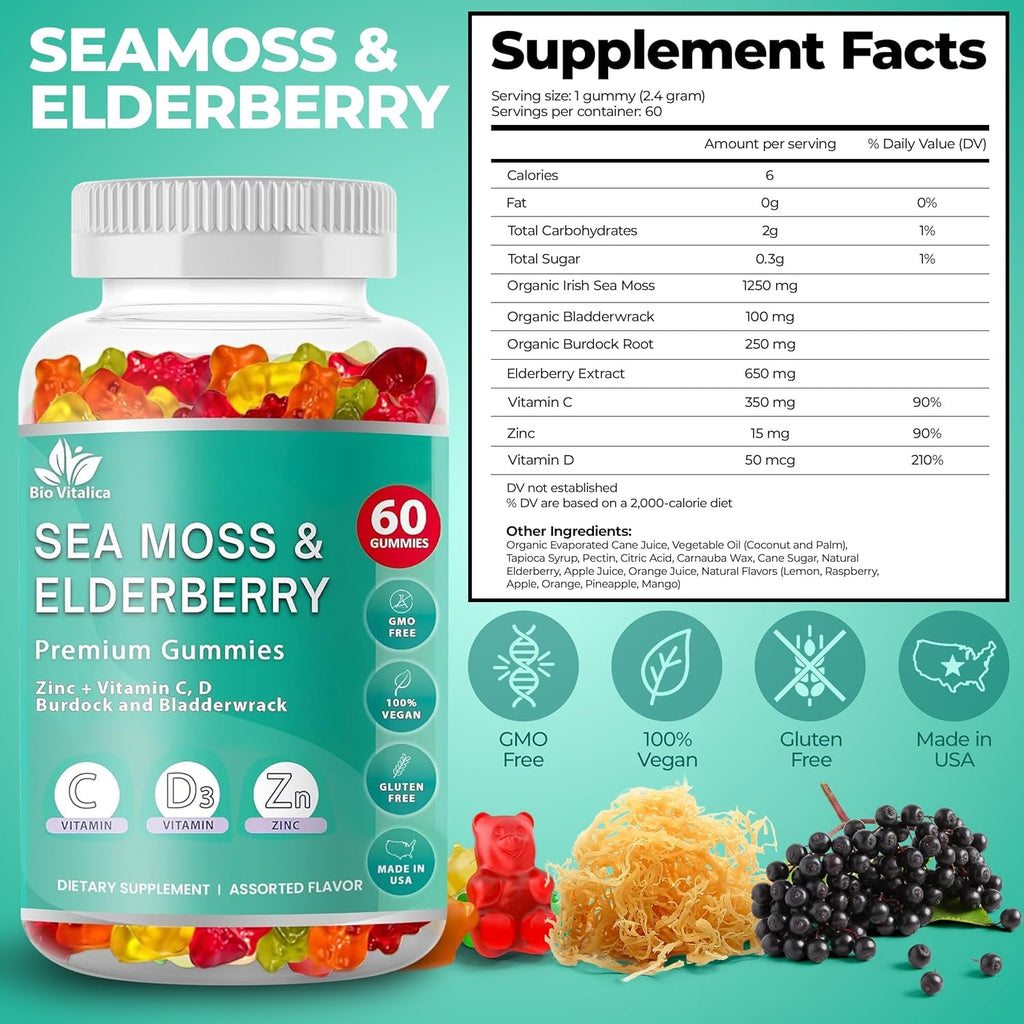 Irish Sea Moss Gummies with Elderberry – USA Made Vegan Gummies with Vitamin C, D & Zinc – Immune Support Supplement with Bladderwrack & Burdock Root for Adults & Kids – 60 Count