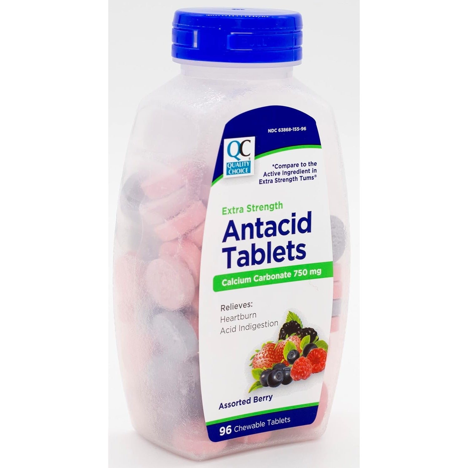 Quality Choice Extra Strength Antacid Tablets, Calcium Carbonate 750 Mg, Assorted Berry, 96 Chewable Tablets (Pack of 2)